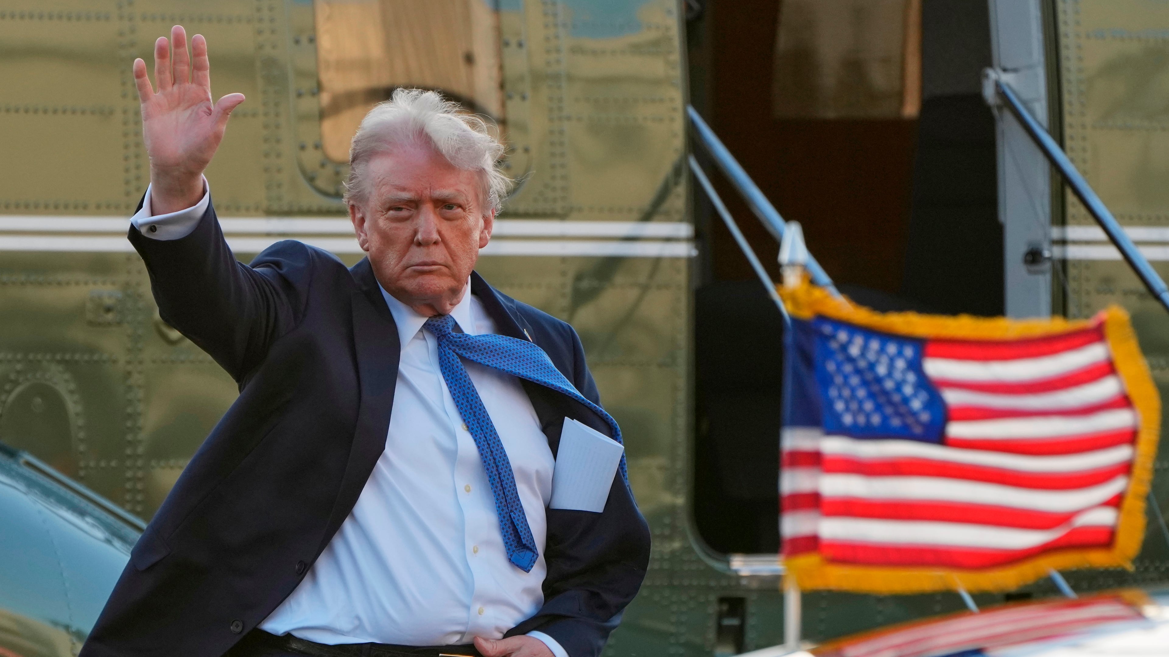 FILE - President Donald Trump arrives at Leesburg Executive Airport on Marine One in Leesburg, Va., Thursday, April 24, 2025, en route to Trump National Golf Club Washington DC in Sterling, Va. (AP Photo/Jacquelyn Martin, File)