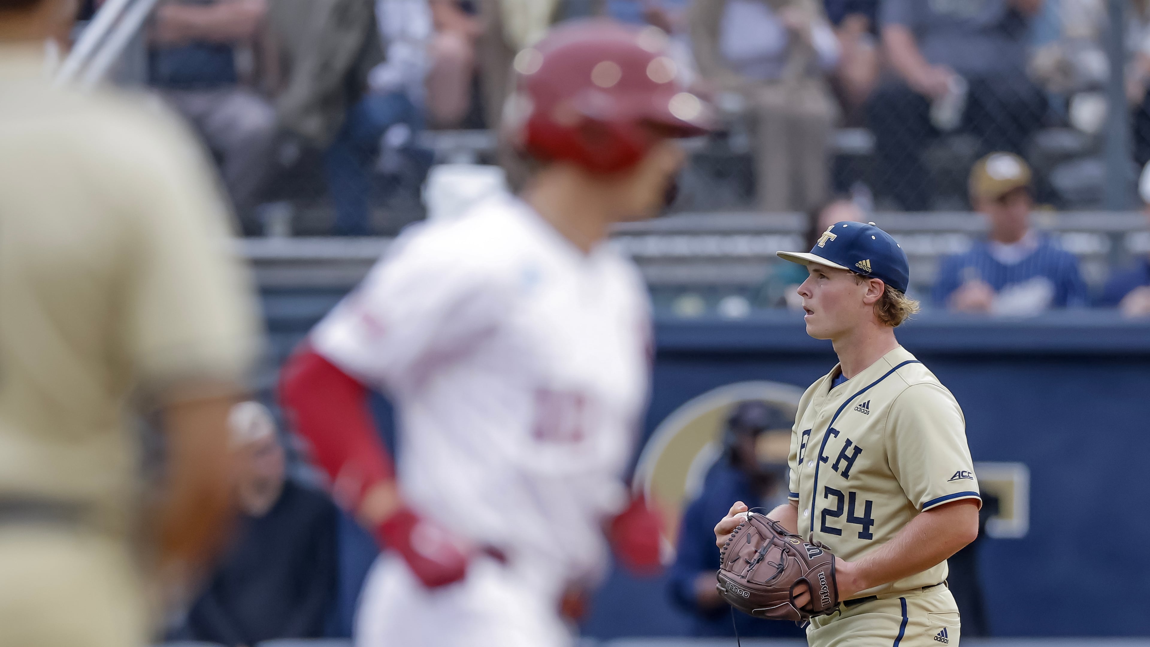 Georgia Tech pitcher Jackson Blakely (24) reacts after giving up a two-run home run to Oklahoma catcher Brendan Brock, left, in the second inning the NCAA D1 Atlanta Regional elimination baseball game at Russ Chandler Stadium, Sunday, May 31, 2026, in Atlanta. (Erik S. Lesser for the AJC)
