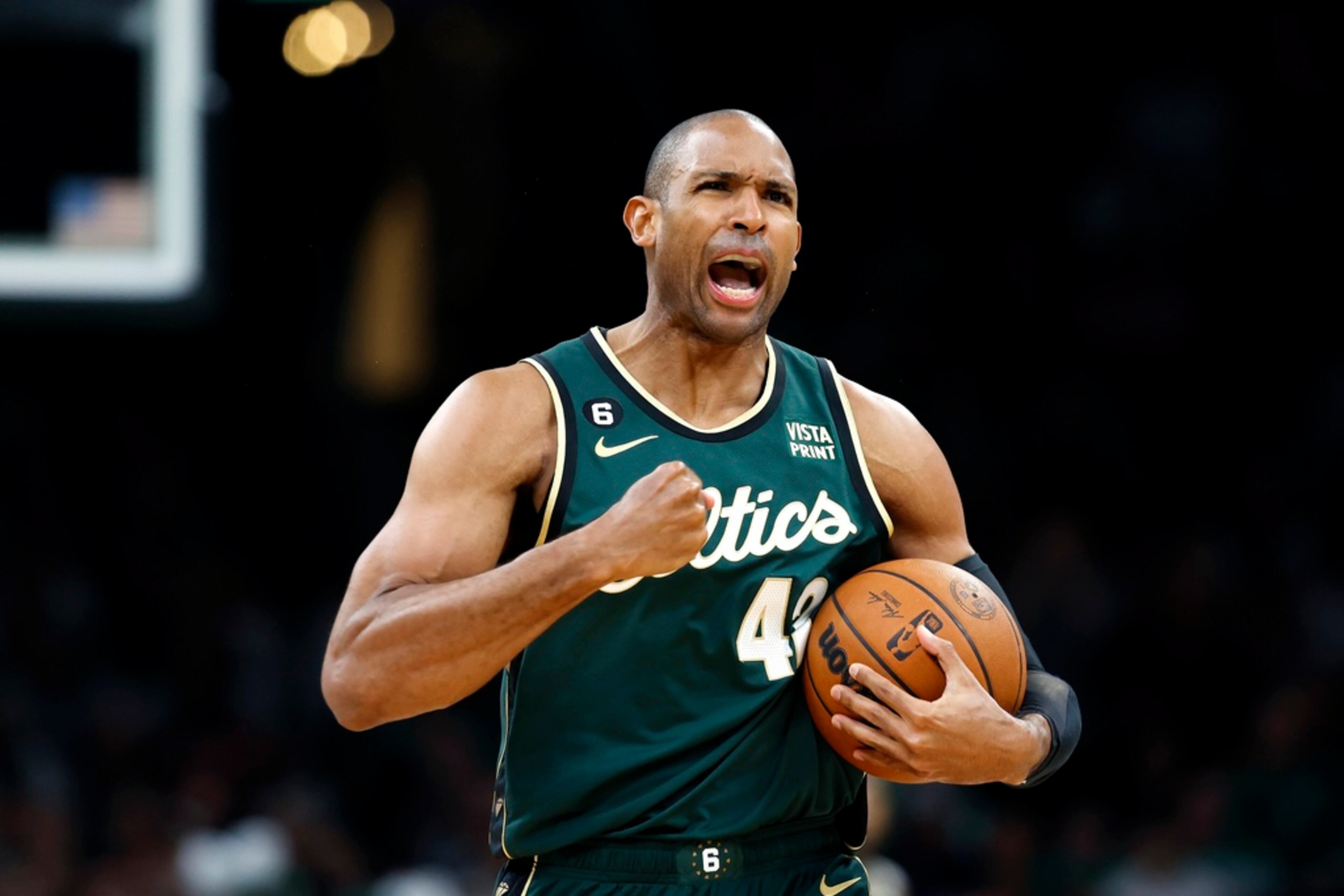 Boston Celtics' Al Horford reacts during Game 1 in the first round of the NBA basketball playoffs against the Atlanta Hawks, Saturday, April 15, 2023, in Boston. Boston won 112-99. (AP Photo/Michael Dwyer)