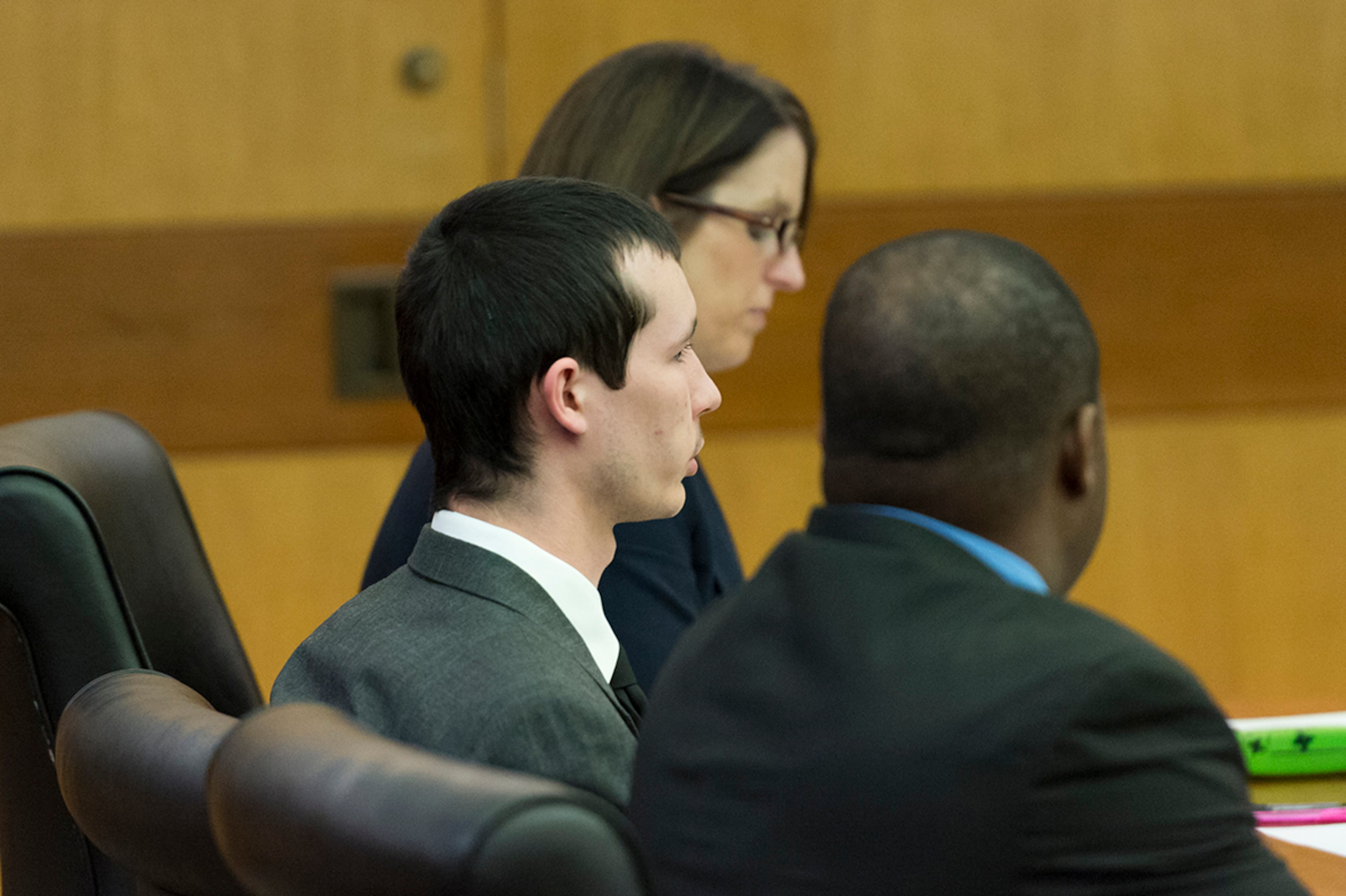 May 17, 2017, Atlanta - Jeffrey Hazelwood, center, sits with his attorneys during a sentencing in Atlanta, Georgia, on Wednesday, May 17, 2017. Hazelwood plans to plead guilty to all charges involving the murder of Carter Davis and Natalie Henderson. (DAVID BARNES / DAVID.BARNES@AJC.COM)