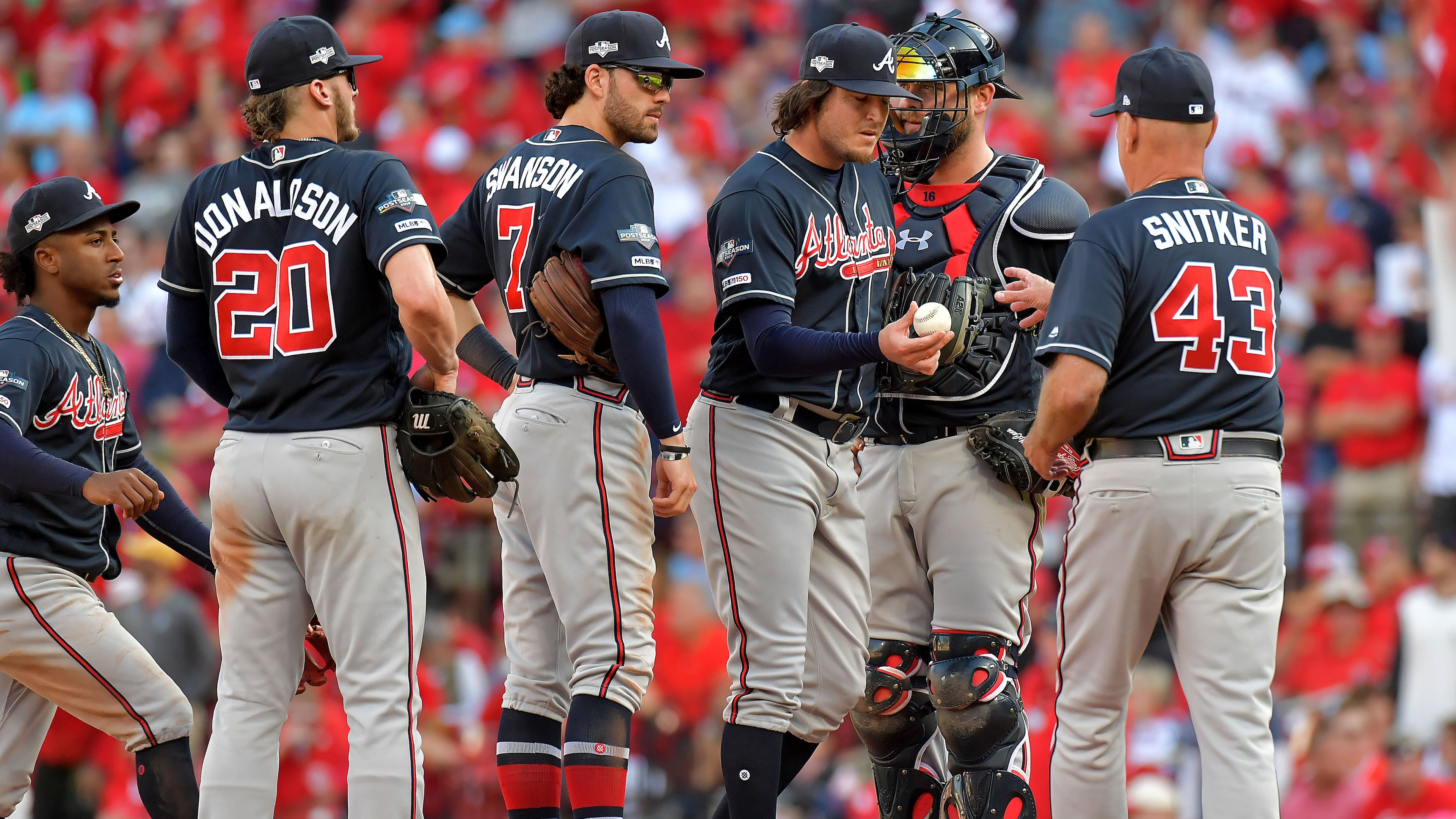 Braves reliever Luke Jackson (77) gets pulled in the fifth inning of Monday's Game 4 of the National League Division Series in St. Louis. The Cardinals won 5-4 in 10 innings to force a Game 5 Wednesday in Atlanta.