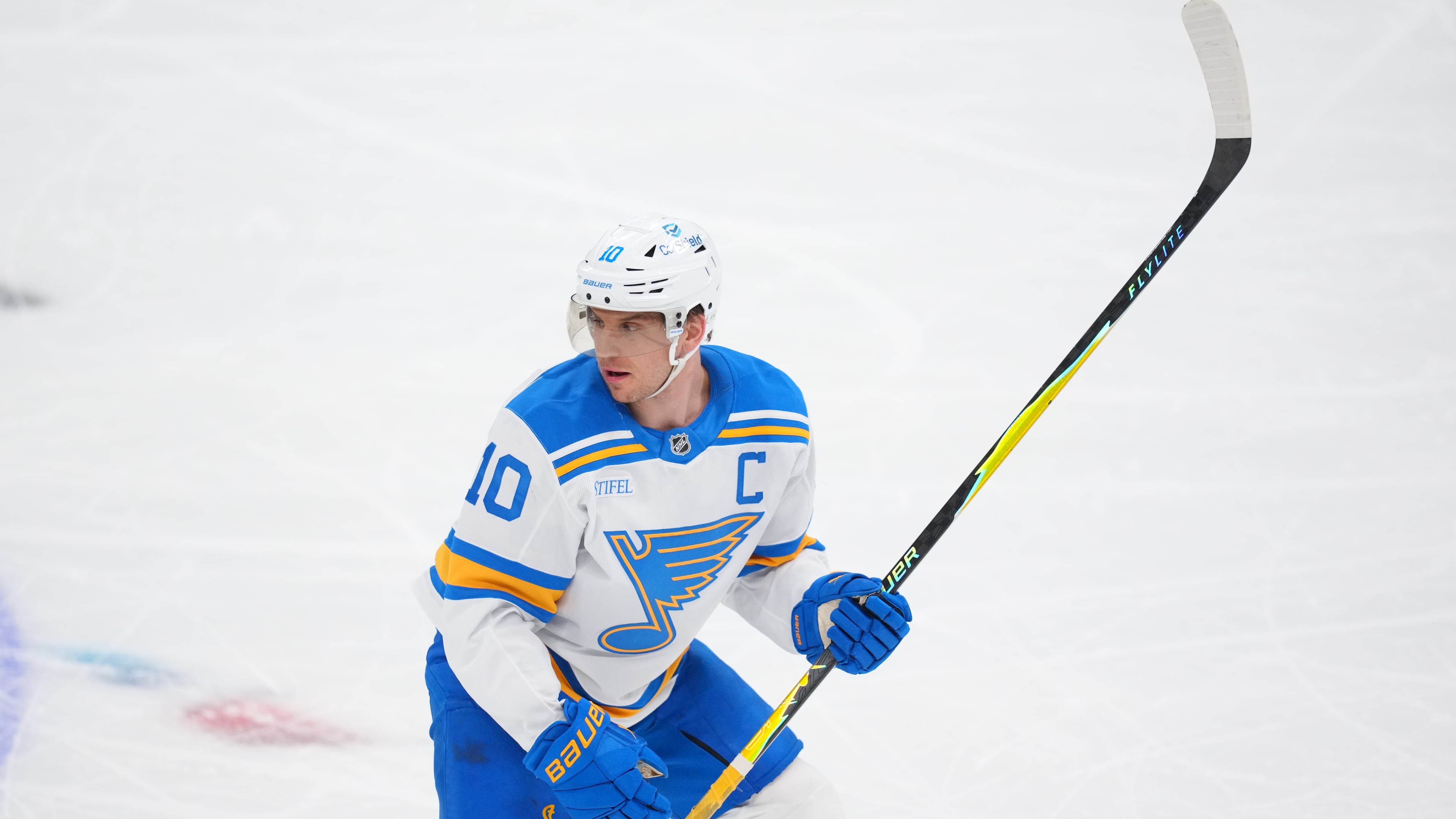 FILE - St. Louis Blues center Brayden Schenn skates against the Dallas Stars during the third period of an NHL hockey game Friday, Jan. 23, 2026, in Dallas. (AP Photo/Julio Cortez, File)