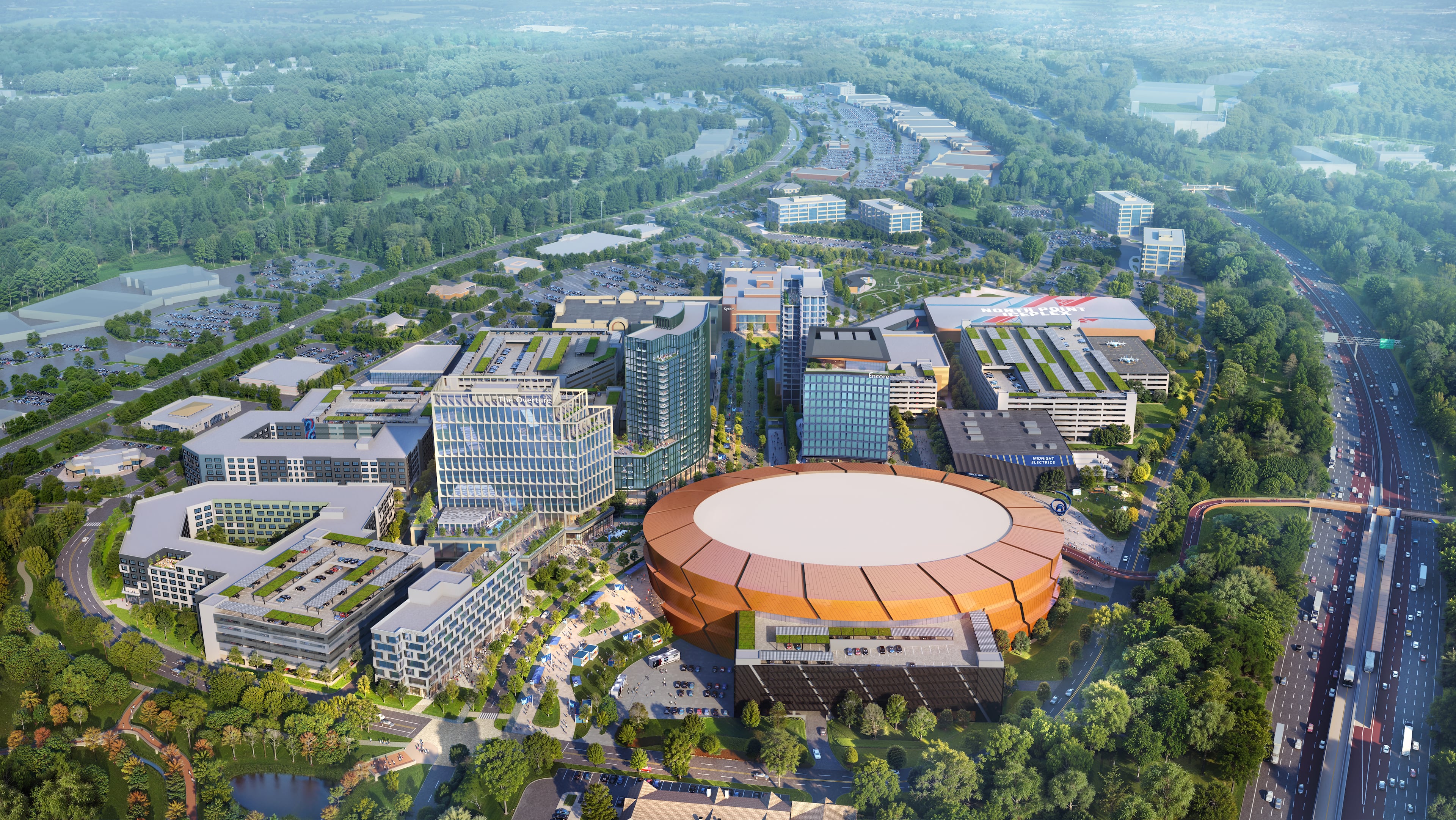 This is a rendering of a proposed mixed-use redevelopment of North Point Mall in Alpharetta, which includes a central arena large enough for a professional hockey franchise. (Courtesy of Jamestown Properties)