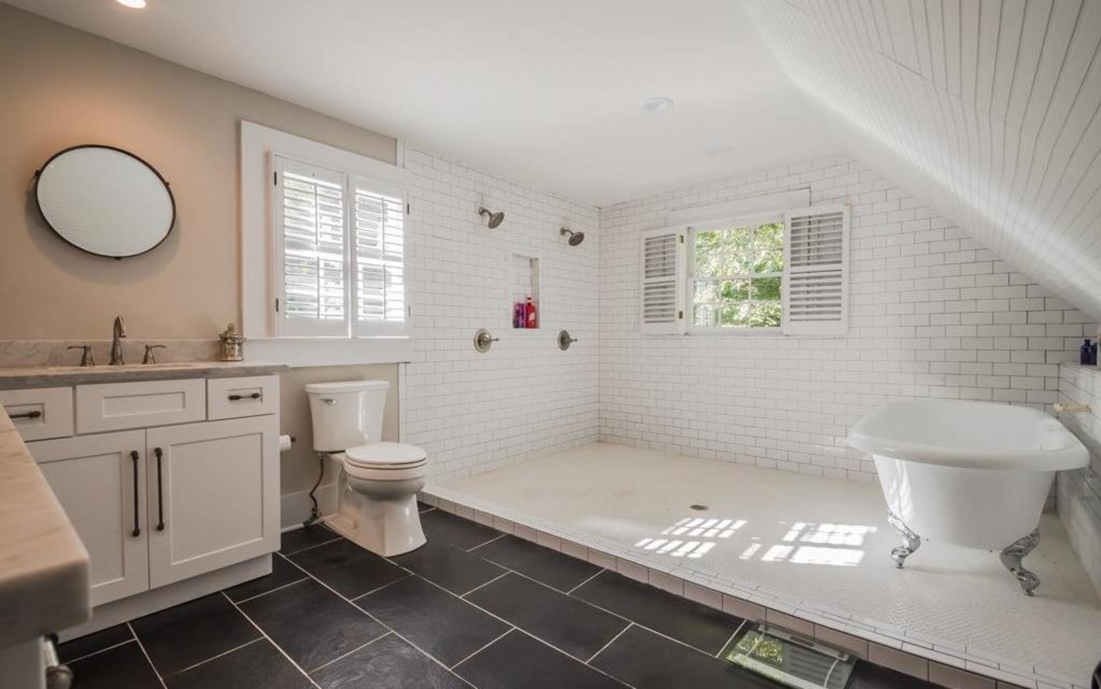 The renovated bathroom, however, completely changed out the flooring.