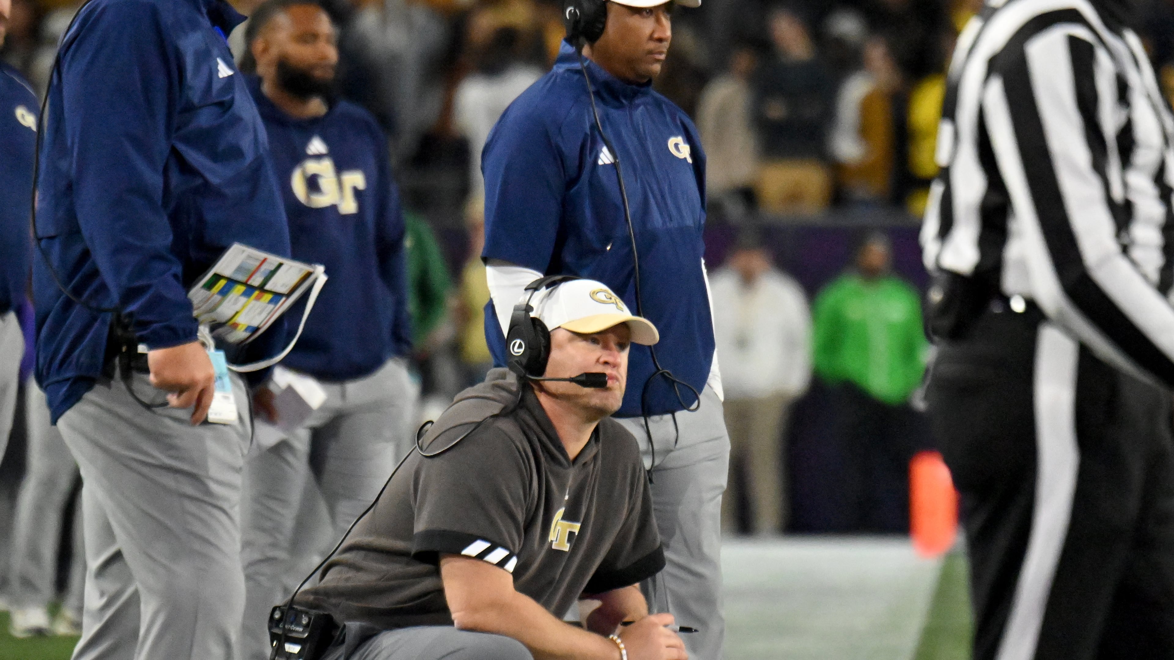 Georgia Tech head coach Brent Key watches from sideline during the second half of an NCAA college football game at Georgia Tech's Bobby Dodd Stadium, Saturday, November 25, 2023, in Atlanta. Georgia won 31-23 over Georgia Tech. (Hyosub Shin / Hyosub.Shin@ajc.com)