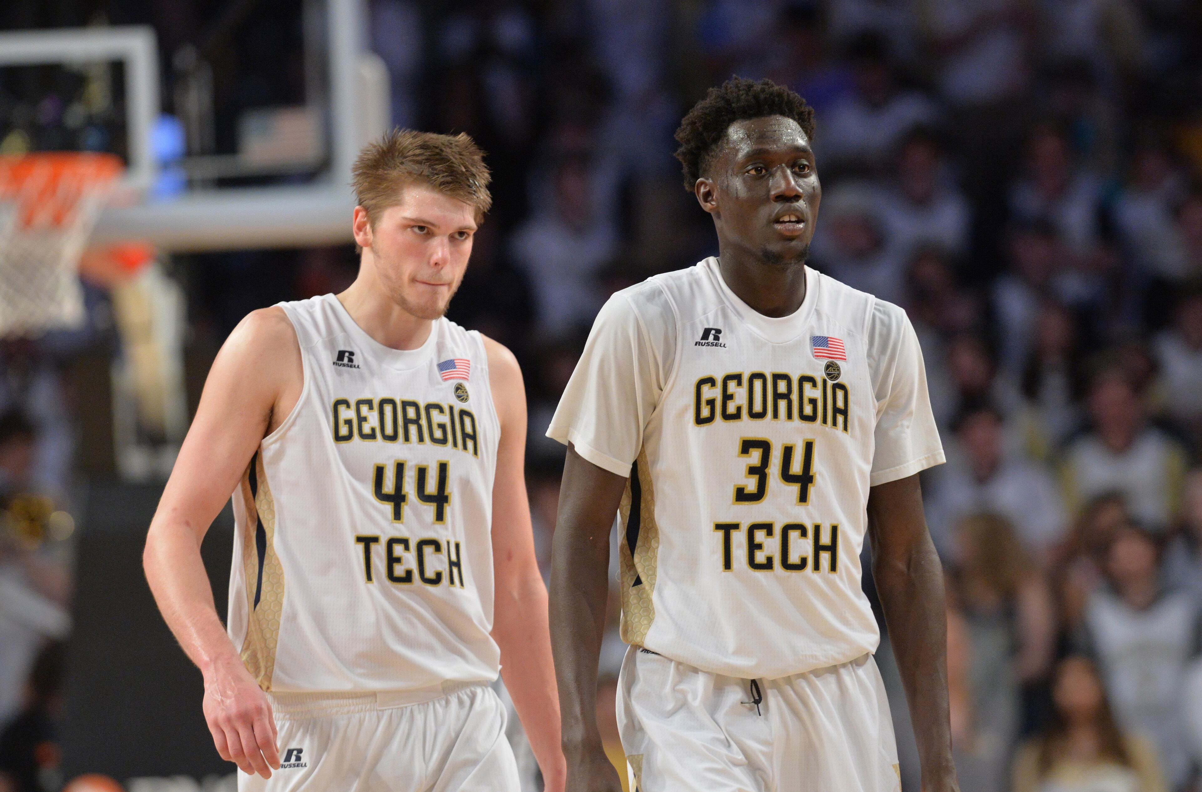 January 28, 2018 Atlanta - Georgia Tech center Ben Lammers (44) and Georgia Tech forward Abdoulaye Gueye (34) react at the end of the second half in a NCAA college basketball game at McCamish Pavilion in Atlanta on Sunday, January 28, 2018. Clemson won 72-70 over the Georgia Tech. HYOSUB SHIN / HSHIN@AJC.COM