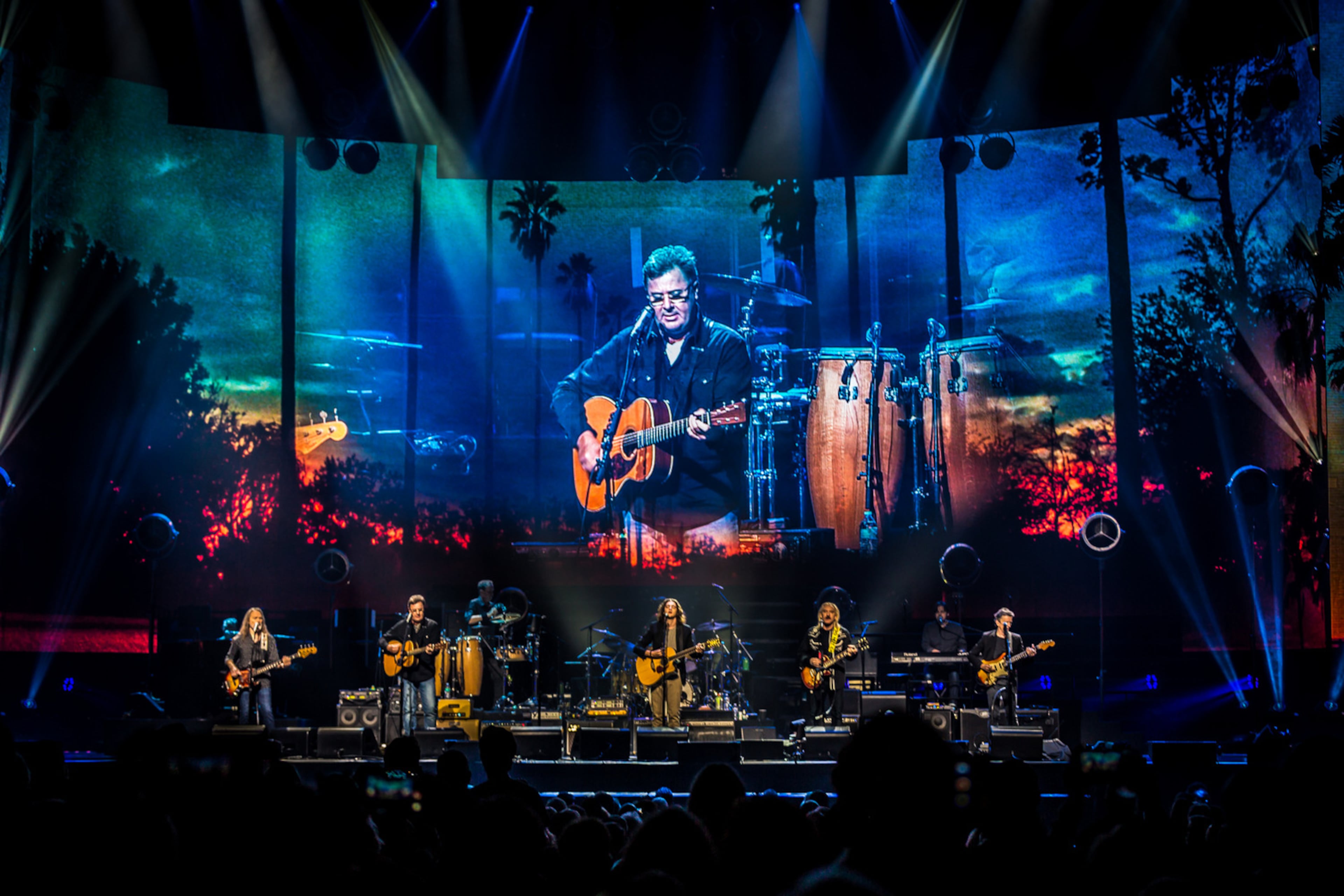 The Eagles - Timothy B. Schmidt (front line from left), touring guest guitarist Vince Gill, Deacon Frey, Joe Walsh and touring guitarist Steuart Smith - performed for a packed Philips Arena on Oct. 20, 2017. It was the first of a two-night stand at the venue. Photo by Ryan Fleisher