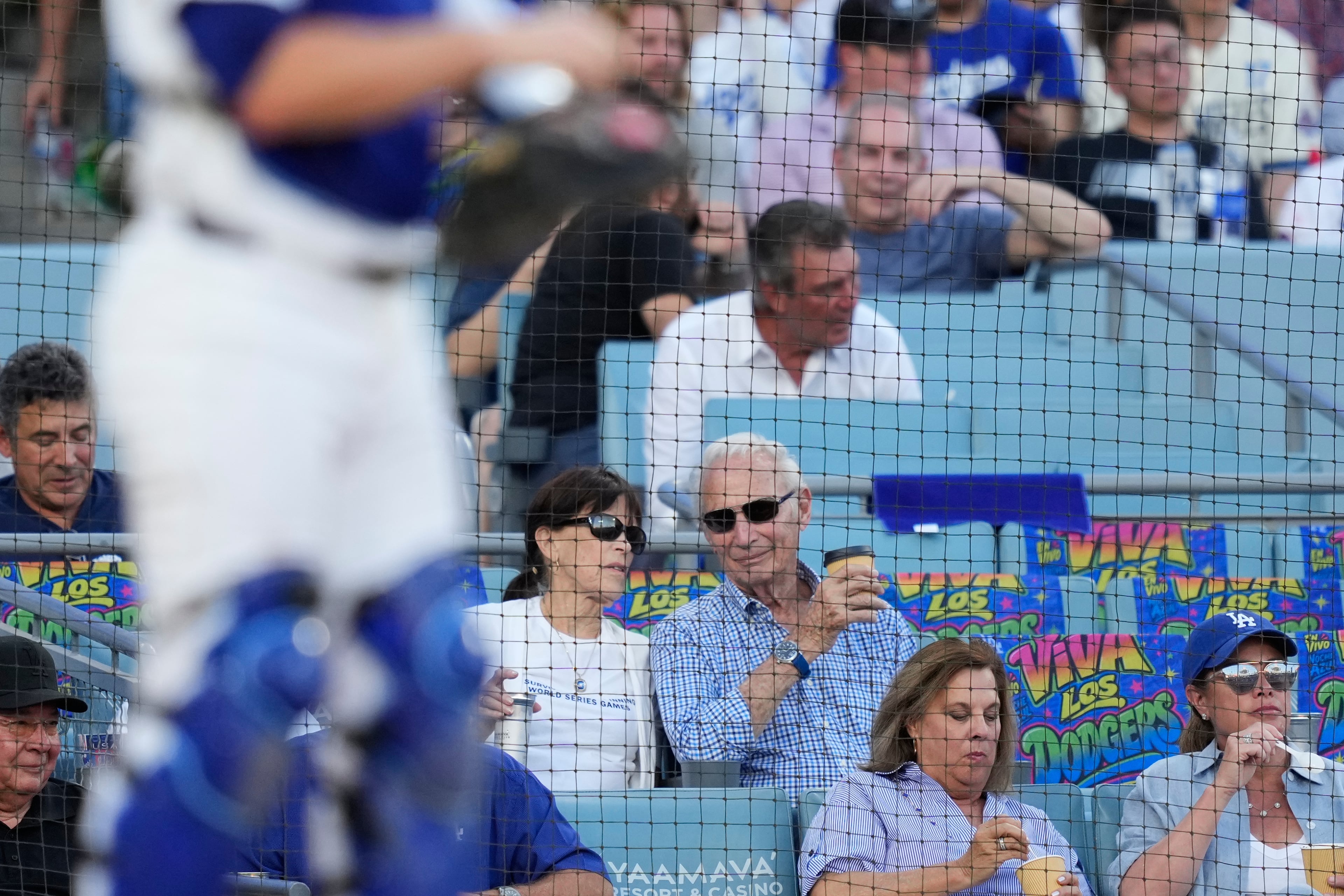 Former Los Angeles Dodgers pitcher Sandy Koufax, center, looks on during the second inning of Game 2 of a National League Division Series baseball game against the Atlanta Braves Sunday, Oct. 4, 2026, in Los Angeles. (AP Photo/Mark J. Terrill)