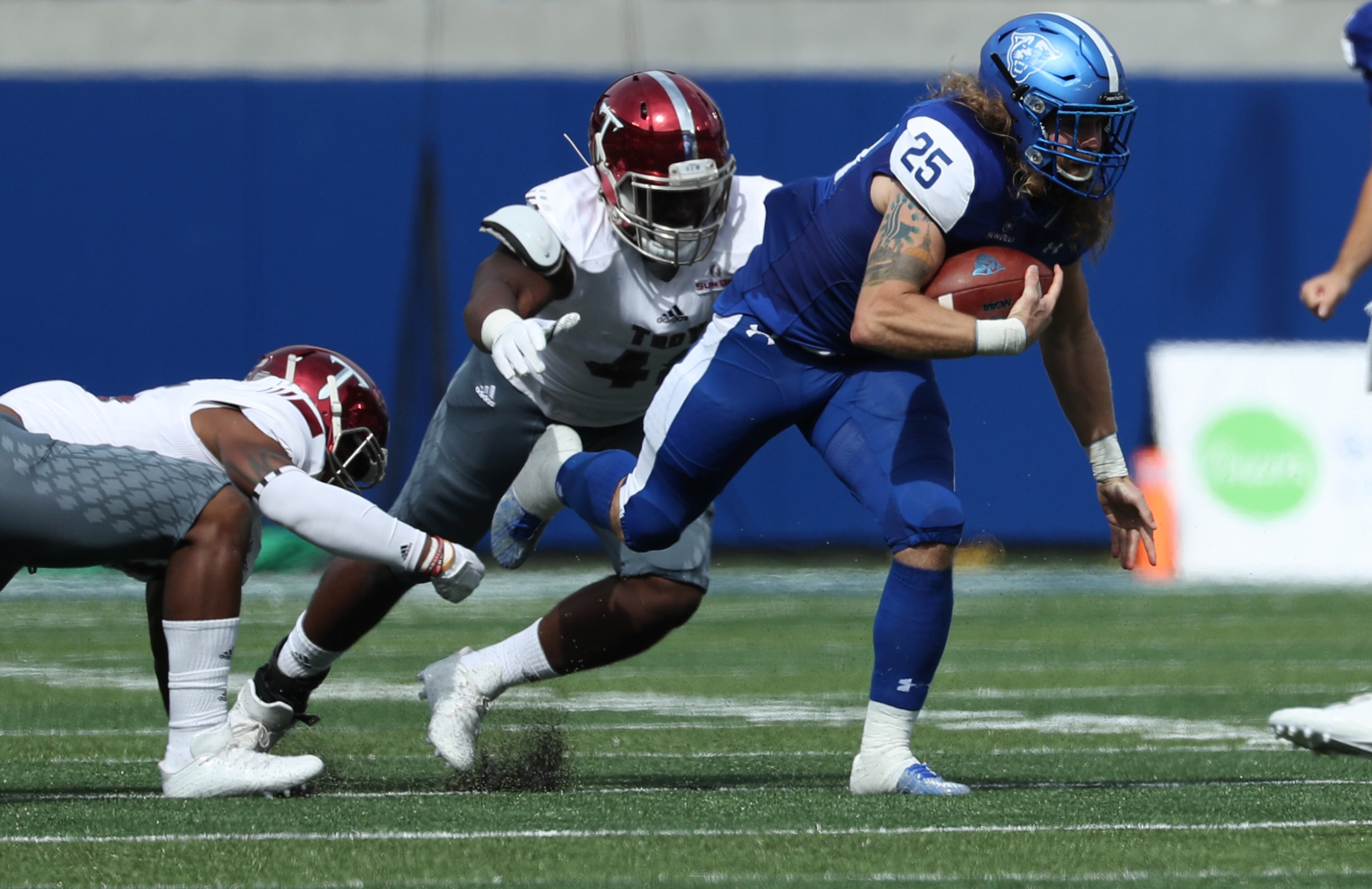October 21, 2017 - Atlanta, Ga: Georgia State Panthers running back Kyler Neal (25) runs for a short gain in the first quarter of their game against the Troy Trojans at GSU Stadium Saturday, October 21, 2017, in Atlanta.. PHOTO / JASON GETZ