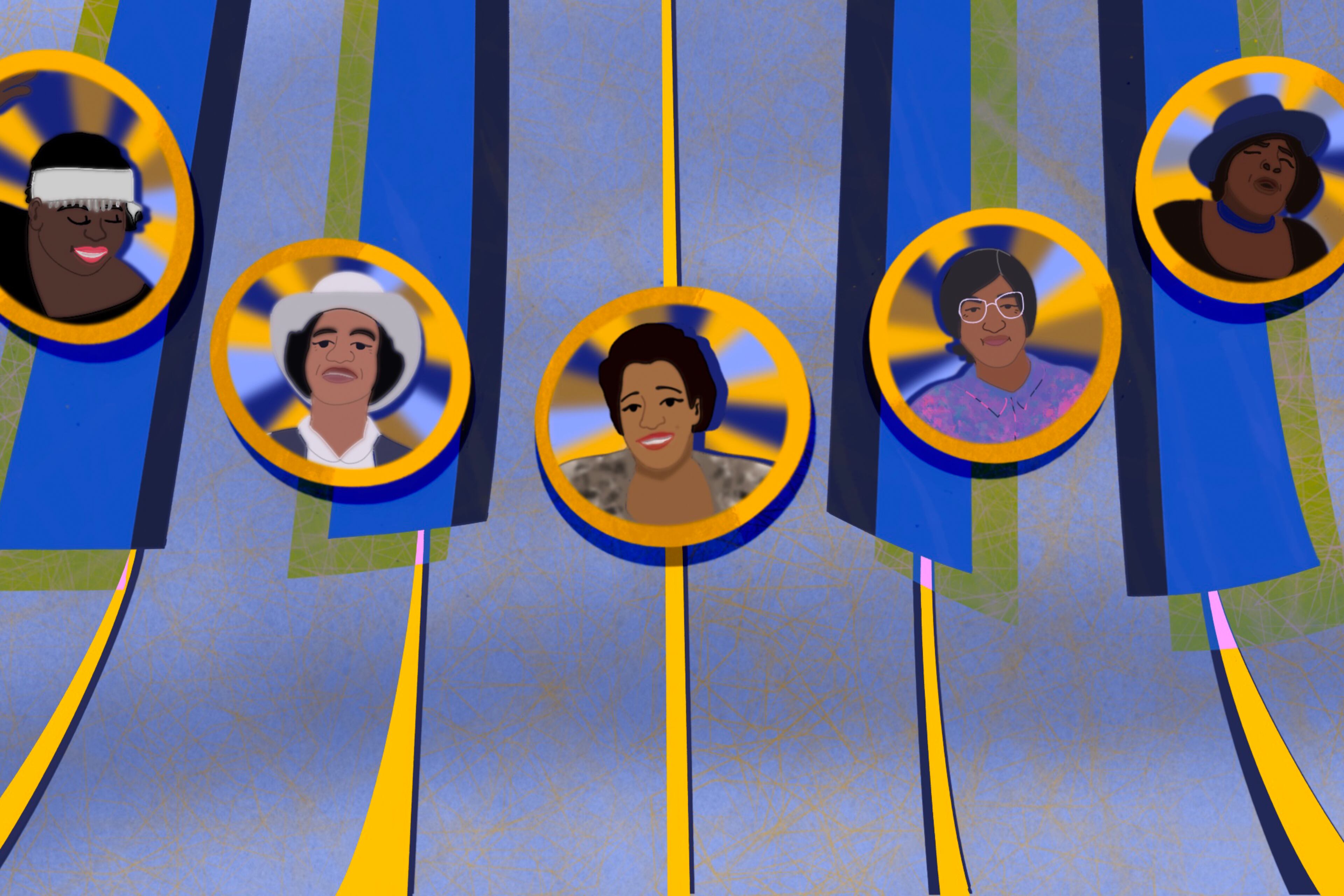 From left to right: Ma Rainey, Beverly “Guitar” Watkins, Ida Cox, Precious Bryant and Cora Mae Bryant. Though Columbus' Ma Rainey is known for her blues contributions, the other four are unsung musicians in the genre. (Illustration: Devinne Moses for the AJC)