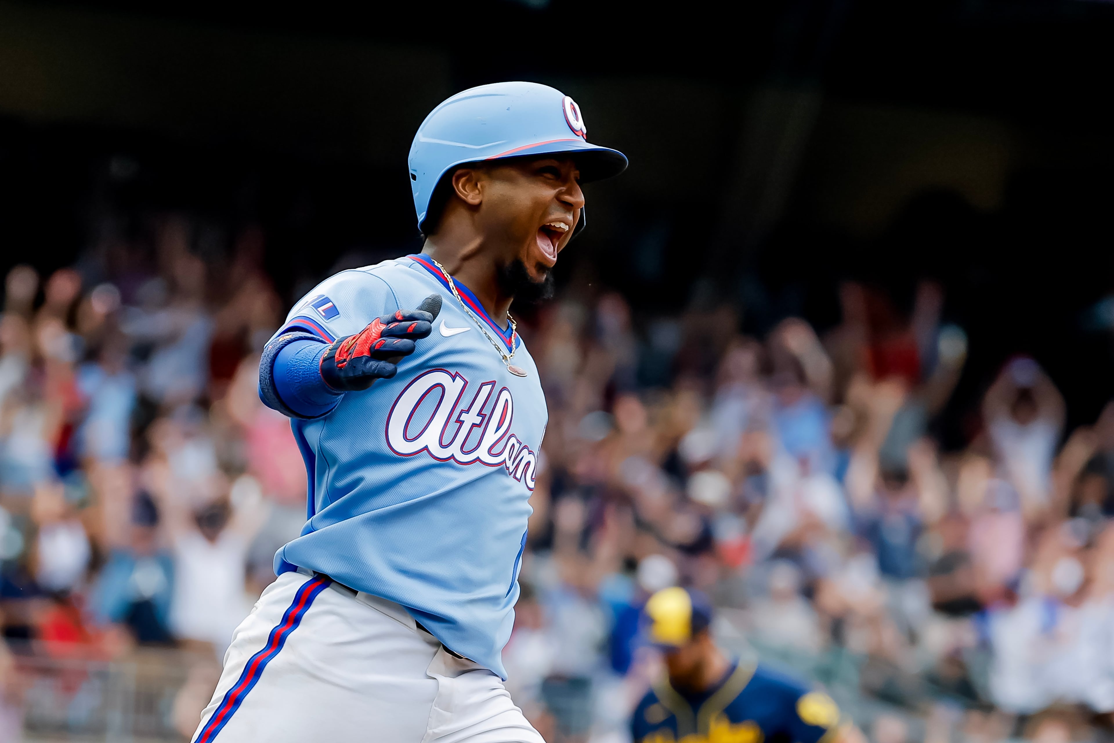 Ozzie Albies celebrates after hitting the winning two-run home run against the Milwaukee Brewers on Saturday, June 20, 2026, in Atlanta. Albies continues to cement his legacy as one of the best second basemen for the Braves. (Erik S. Lesser/AP)