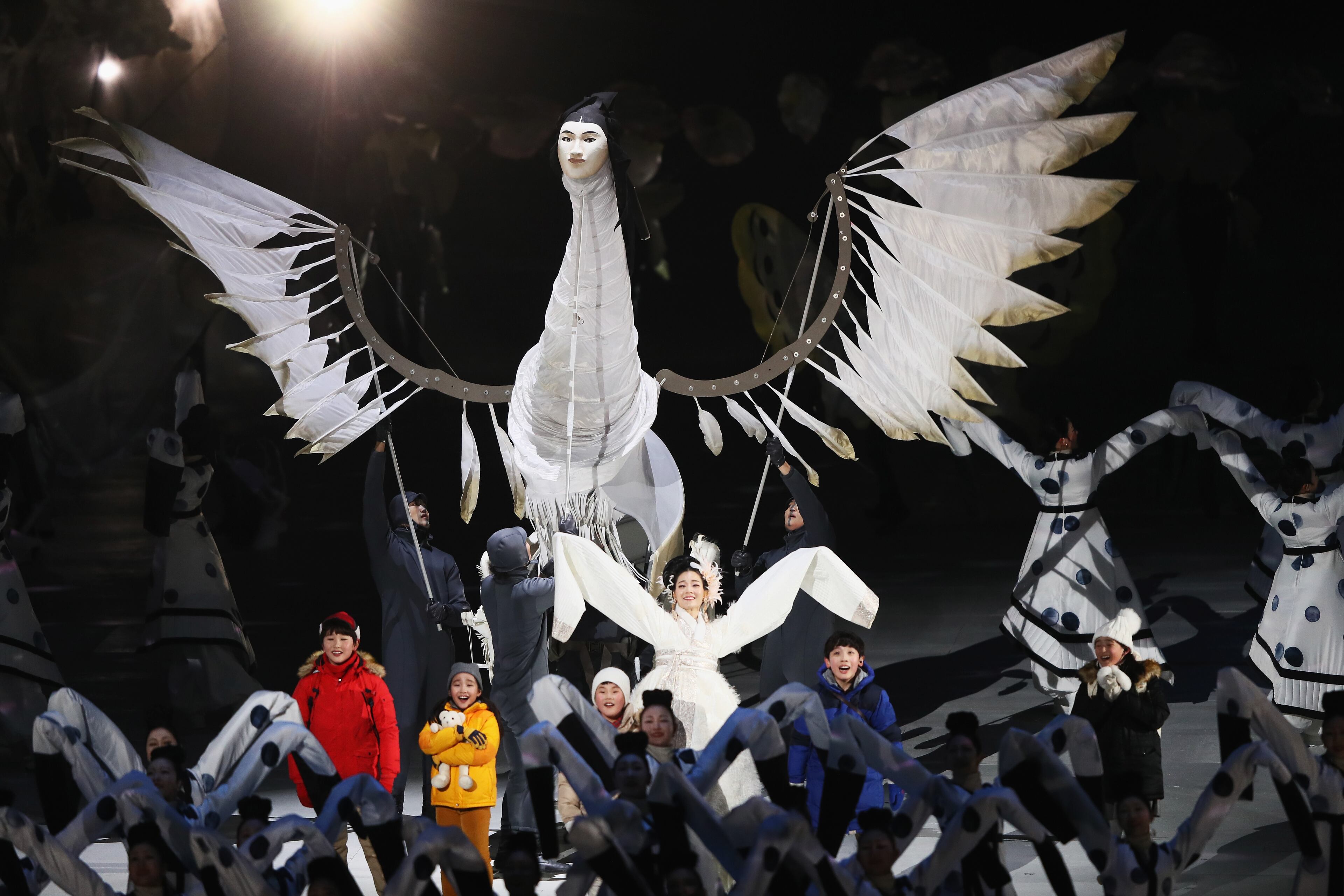 PYEONGCHANG-GUN, SOUTH KOREA - FEBRUARY 09: Dancers perform "The Land of Peace" segment during the Opening Ceremony of the PyeongChang 2018 Winter Olympic Games at PyeongChang Olympic Stadium on February 9, 2018 in Pyeongchang-gun, South Korea. (Photo by Jamie Squire/Getty Images)