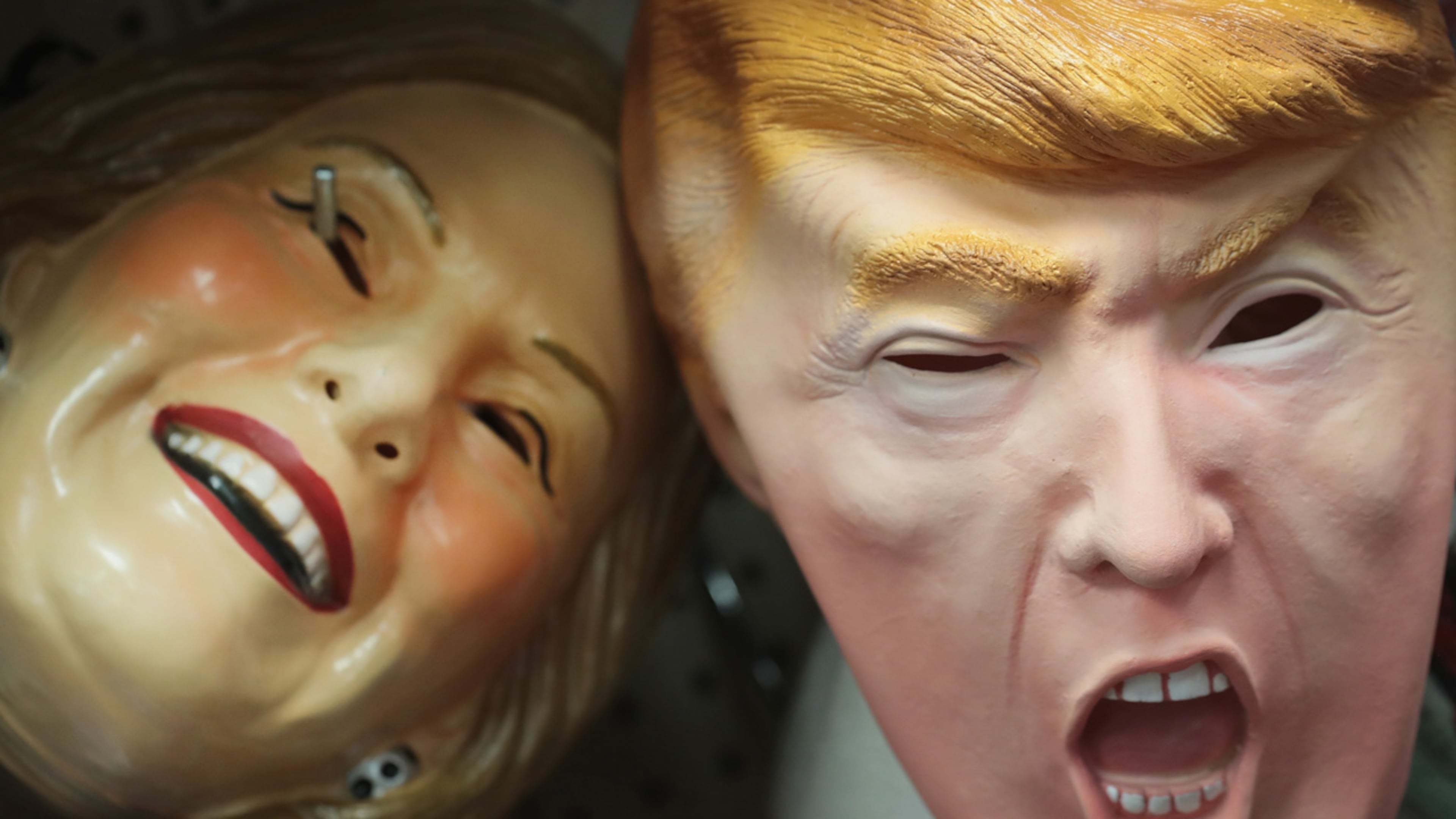 Masks depicting Republican presidential nominee Donald Trump and Democratic presidential nominee Hillary Clinton are offered for sale at Fantasy Costumes on October 19, 2016 in Chicago, Illinois. Although at least one major retailer has removed creepy clown costumes from their store shelves in the wake of negative news stories, Fantasy Costumes said they are one of this seasons biggest sellers. Trump and Clinton masks have also been selling well.