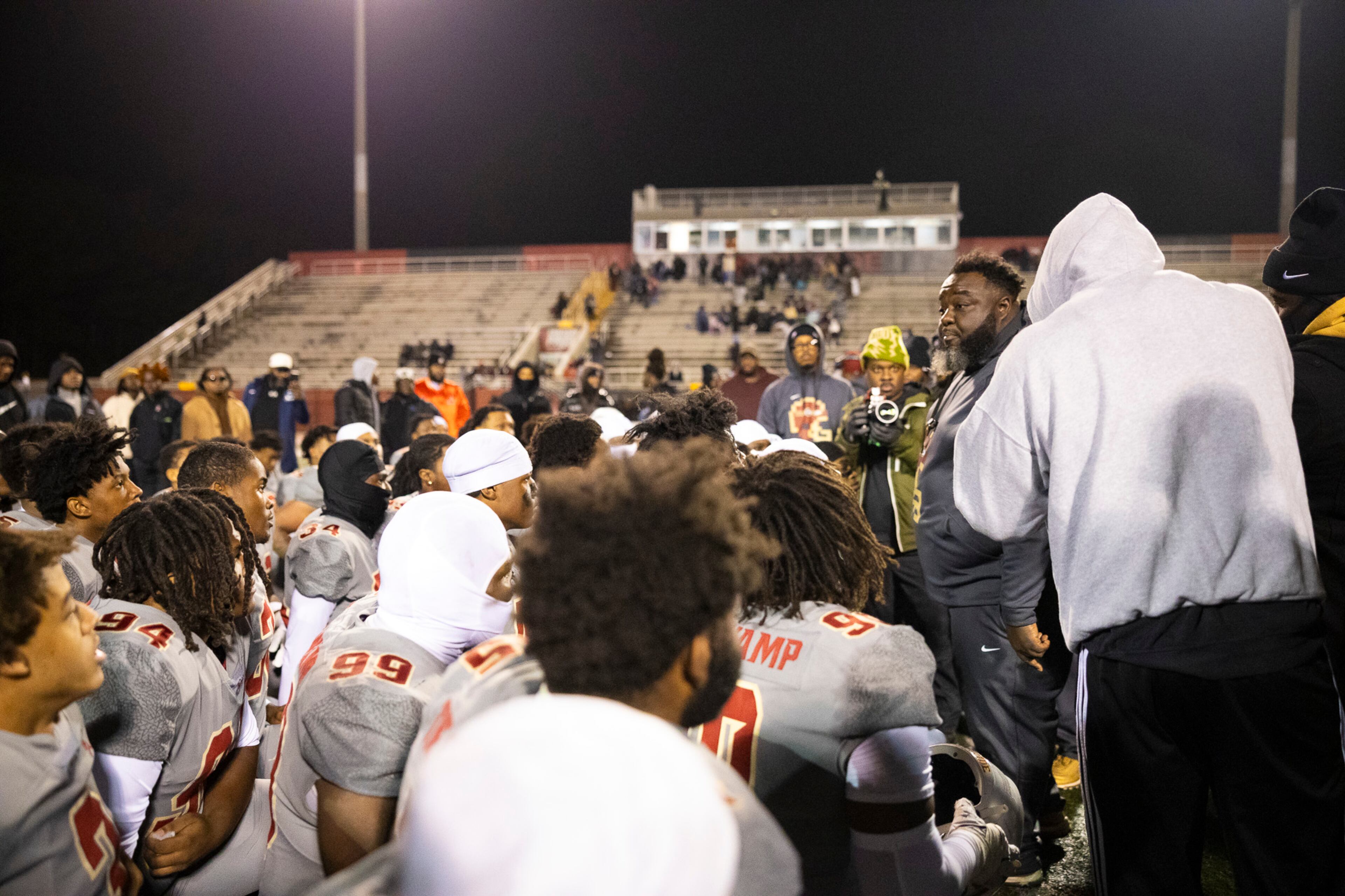 Creekside head coach Maurice Dixon speaks to his team after winning the Class 4A semifinal against Kell on Friday, Dec. 5, 2025, at Creekside High School in Fairburn. (Oscar Guevara Saenz for the AJC)