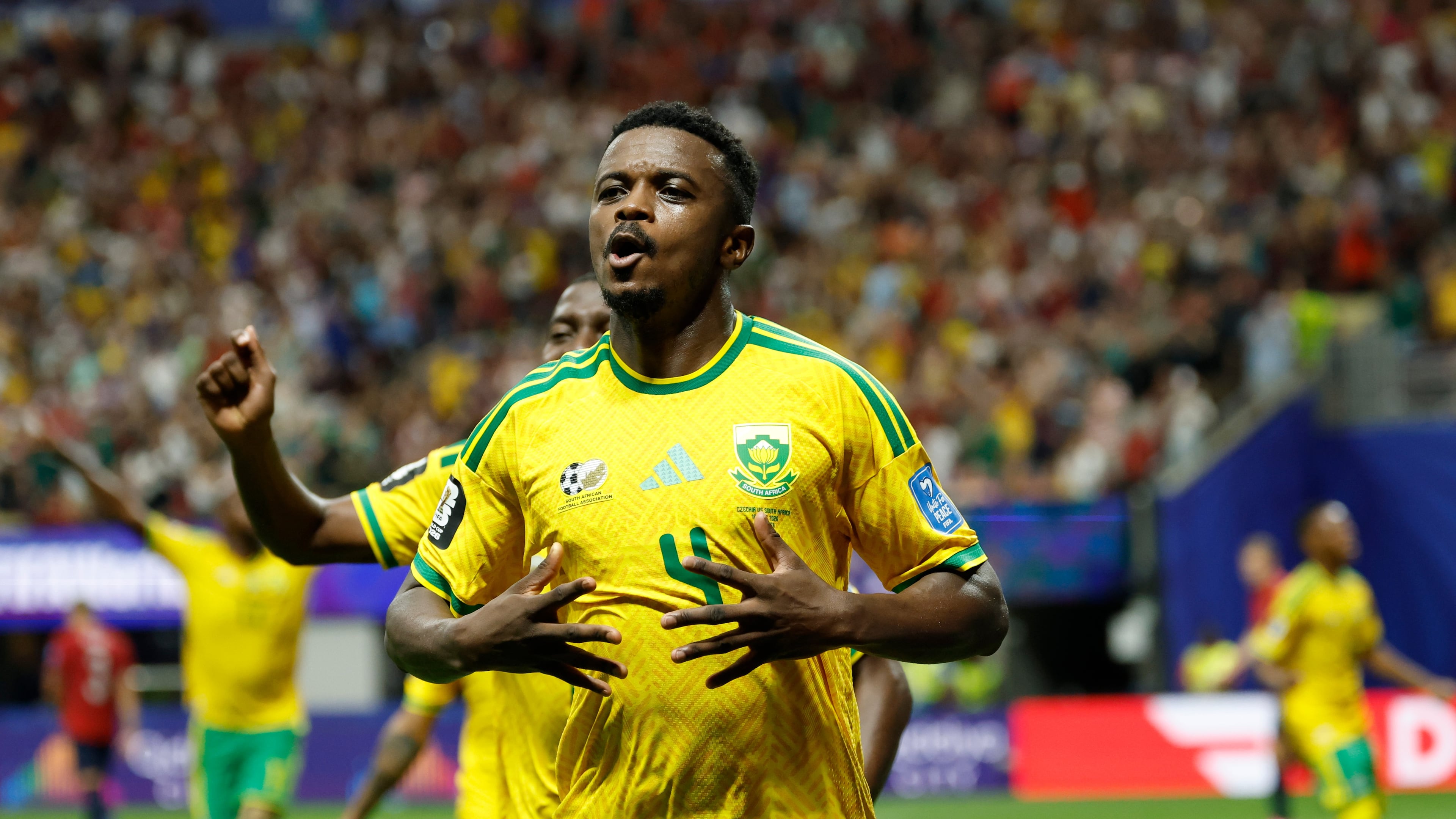 South Africa's Teboho Mokoena celebrates after scoring a penalty, his side's first goal during the World Cup Group A soccer match between Czechia and South Africa in Atlanta, Thursday, June 18, 2026. (AP Photo/Erik S. Lesser)