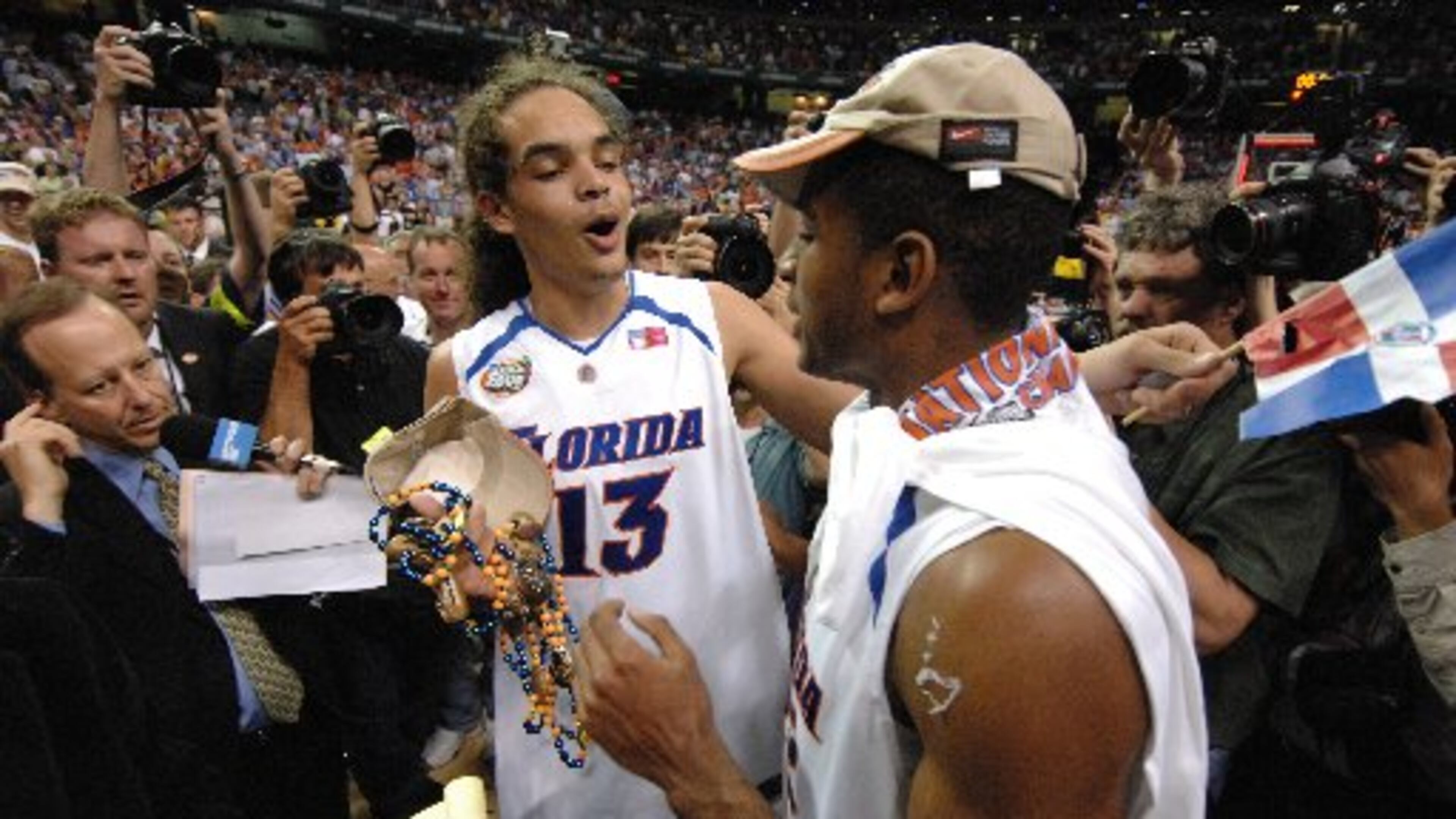 Joakim Noah and Al Horford celebrate at the Georgia Dome in 2007 after winning back-to-back championships for Florida. (Rich Addicks/AJC)