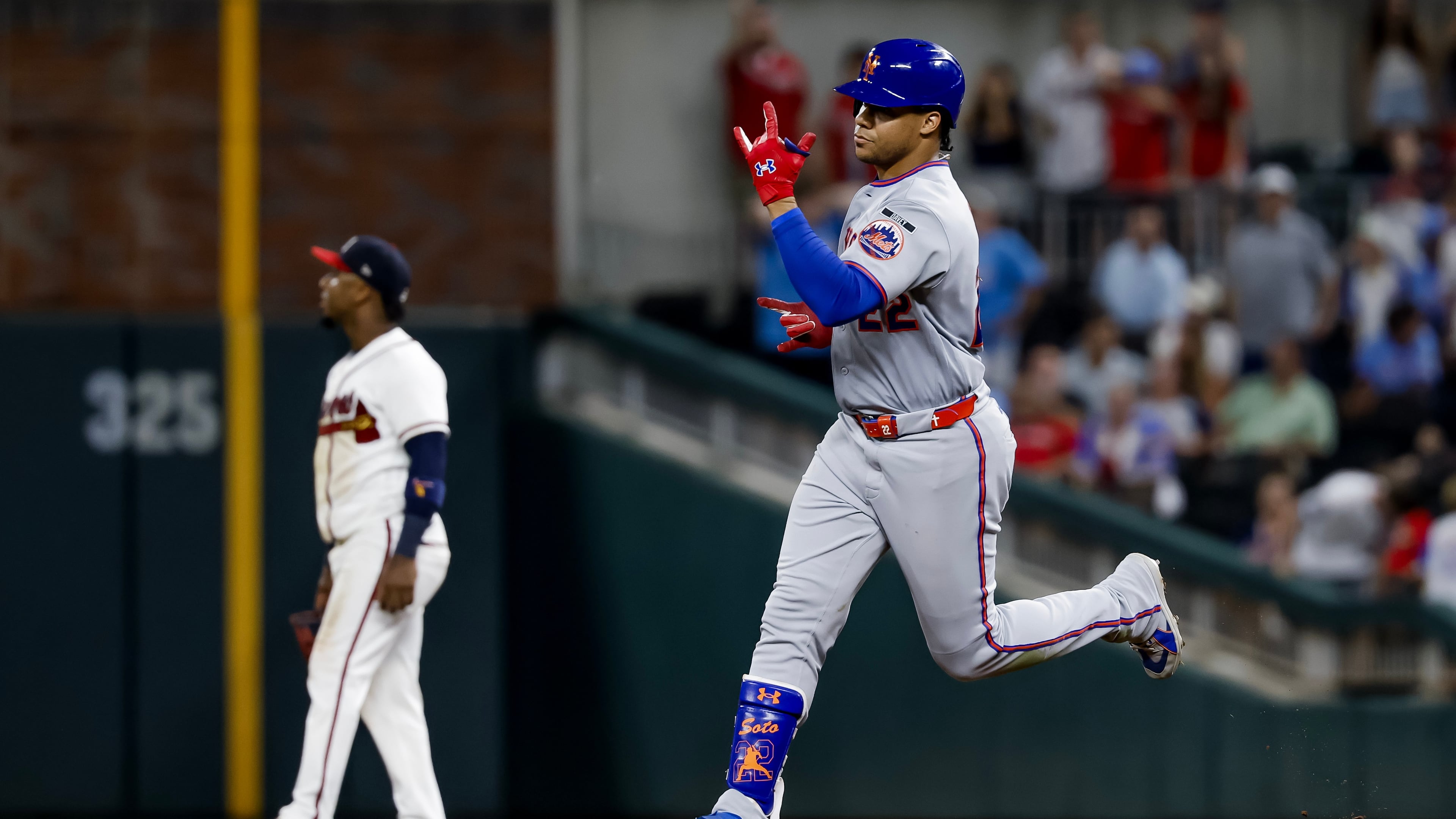 Mets outfielder Juan Soto rounds the bases after hitting a three-run home run against the Braves on Monday, July 6, 2026, at Truist Park in Atlanta. (Erik S. Lesser/AP)