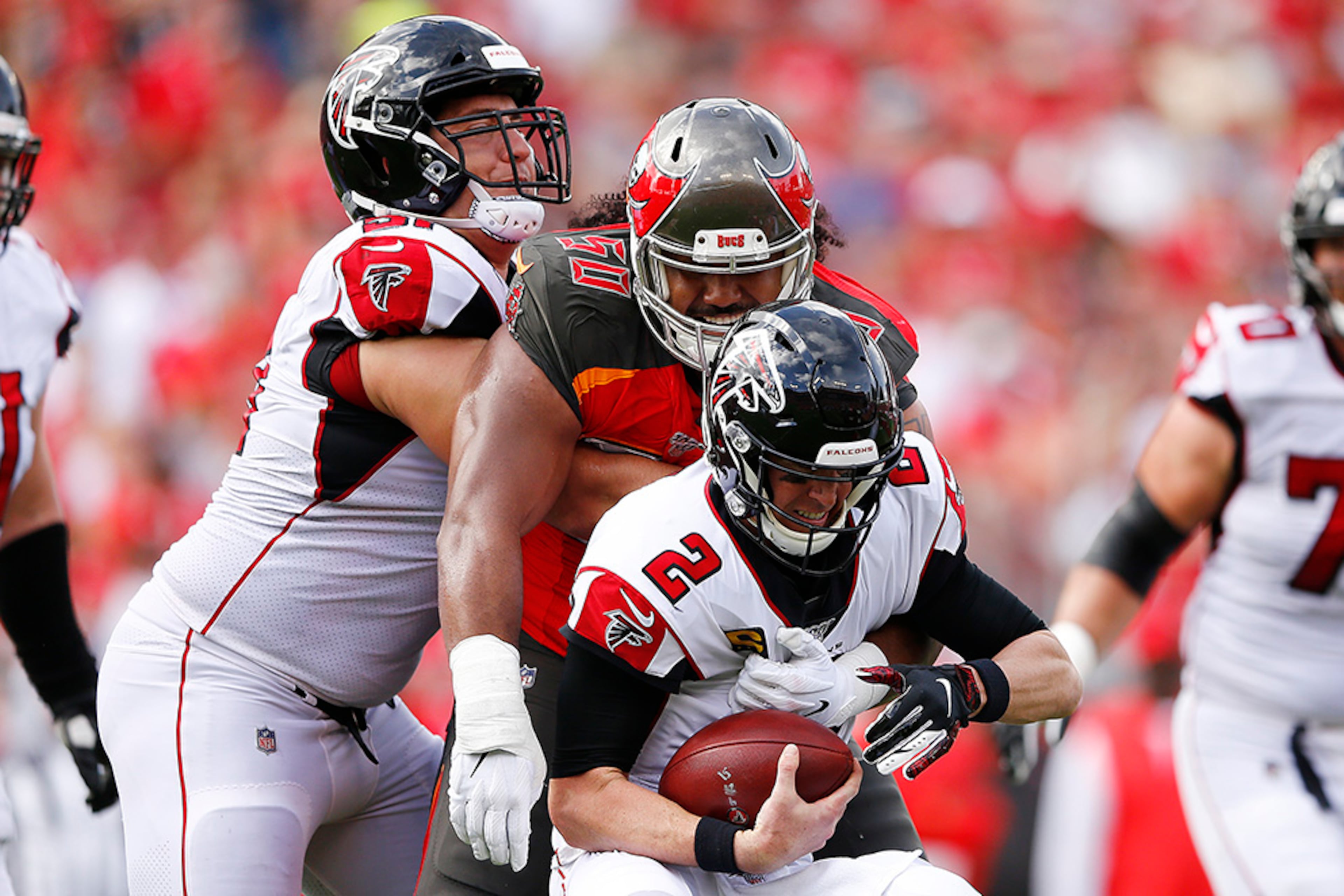 Falcons quarterback Matt Ryan is sacked by the Buccaneers' Vita Vea during the first half of the regular season finale Sunday, Dec. 29, 2019, at Raymond James Stadium in Tampa, Fla.