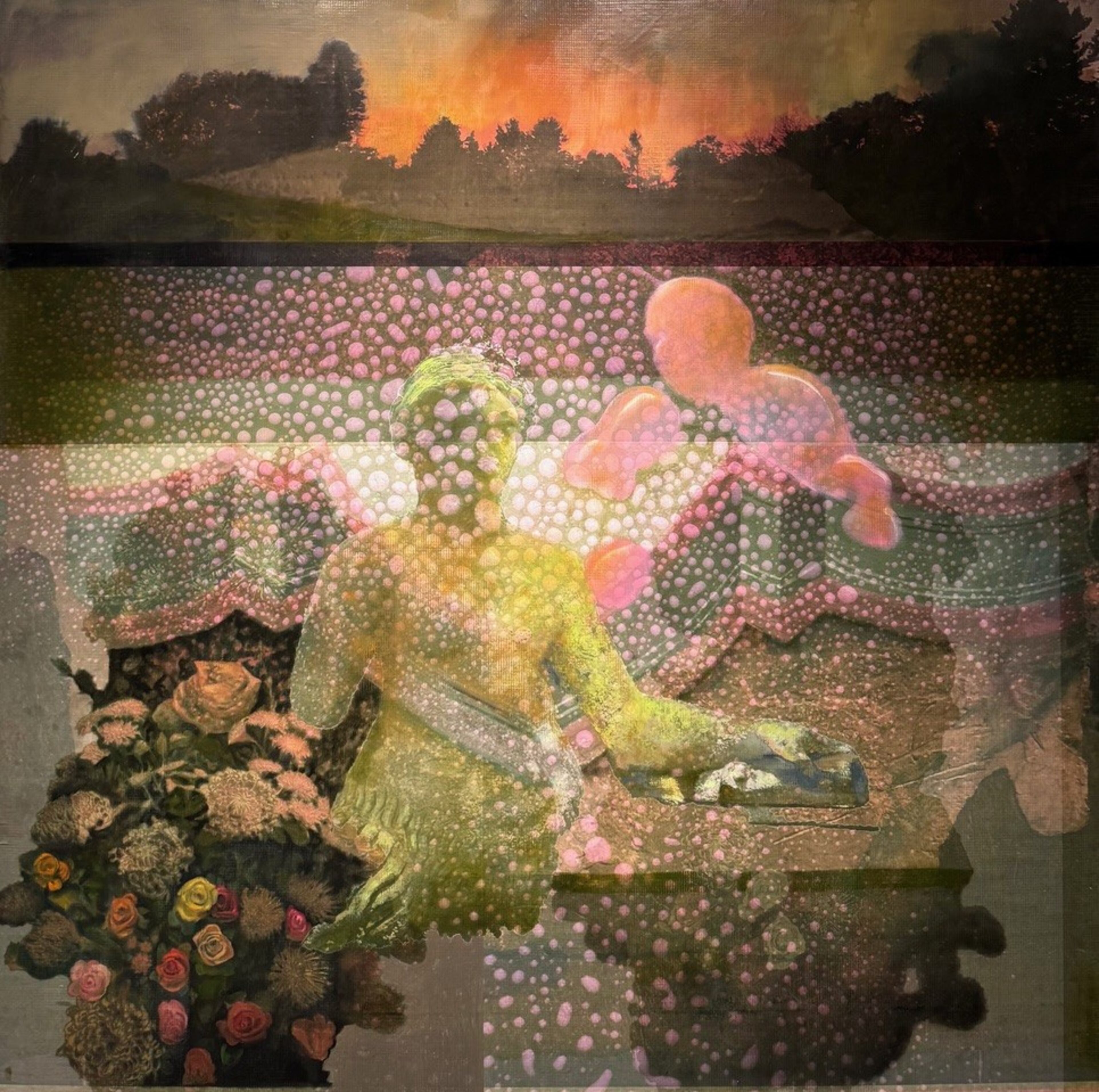 A globular lime green figure, seen from the torso up, floats in a barely discernible landscape in Timothy McDowell’s "Frizzante" (2025) at Marcia Wood Gallery. (Courtesy of Marcia Wood Gallery and Timothy McDowell)