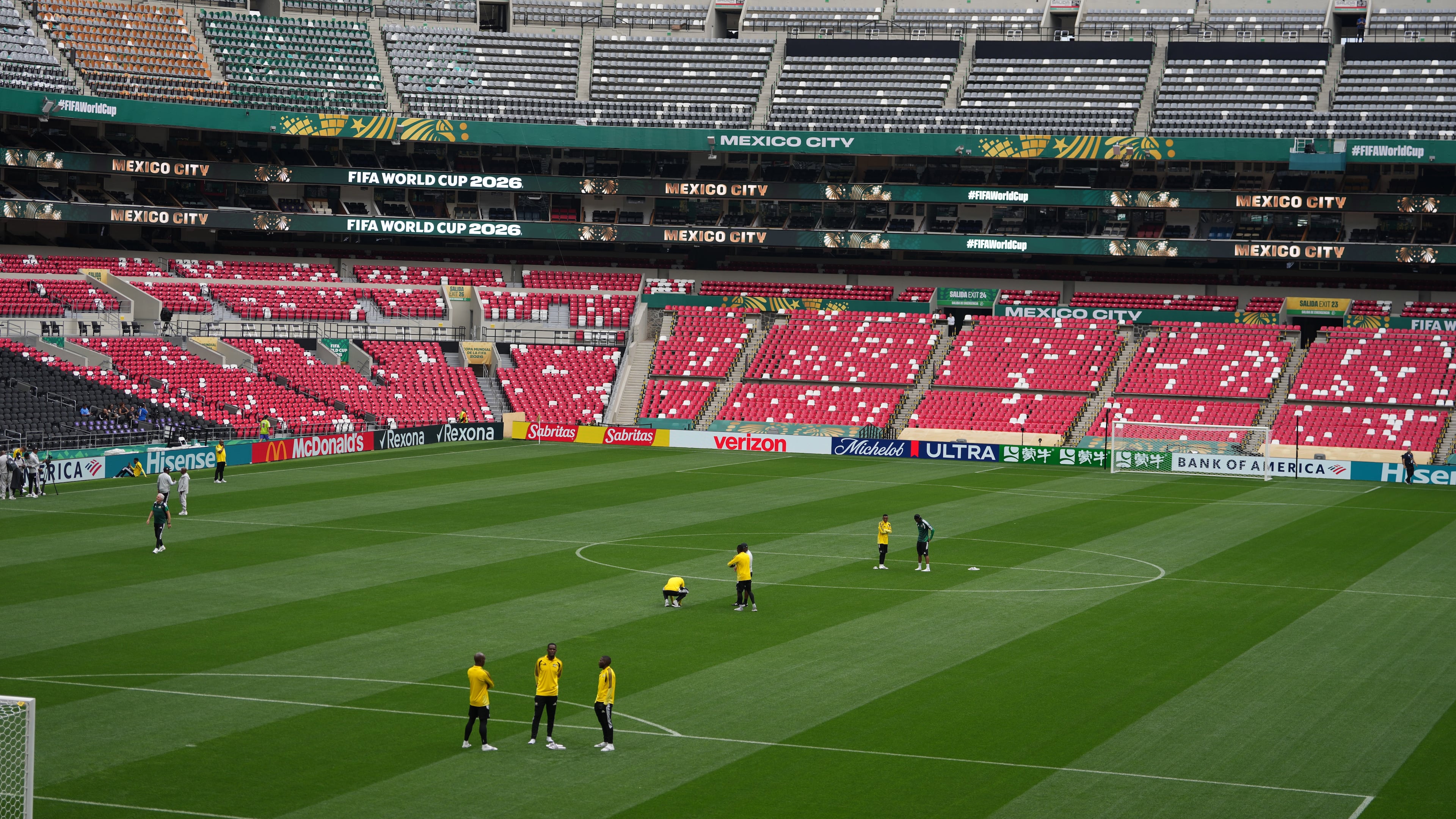 Playes of South Africa visit the stadium in Mexico City, Wednesday, June 10, 2026, a day before their opening FIFA World Cup match against Mexico. (AP Photo/Eduardo Verdugo)