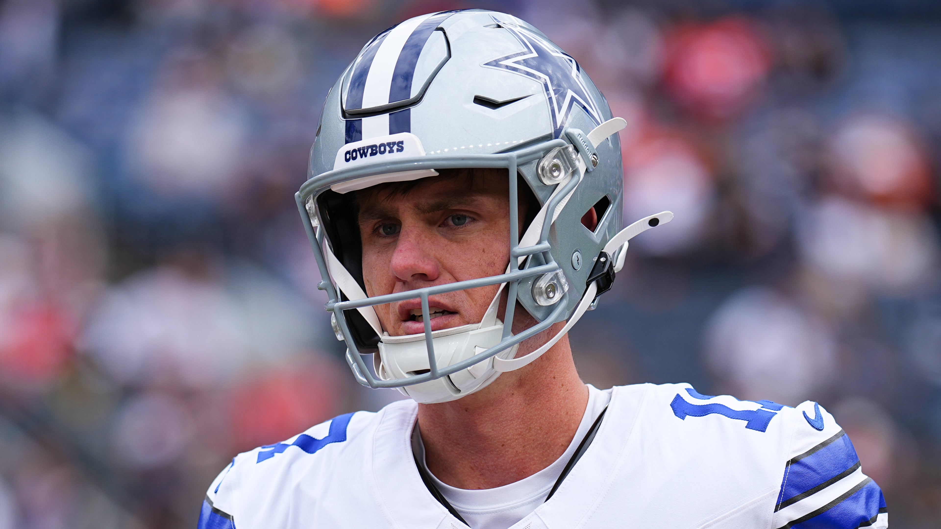 FILE - Dallas Cowboys place kicker Brandon Aubrey looks on against the Denver Broncos before an NFL football game Sunday, Oct. 26, 2025, in Denver. (AP Photo/Jack Dempsey, File)
