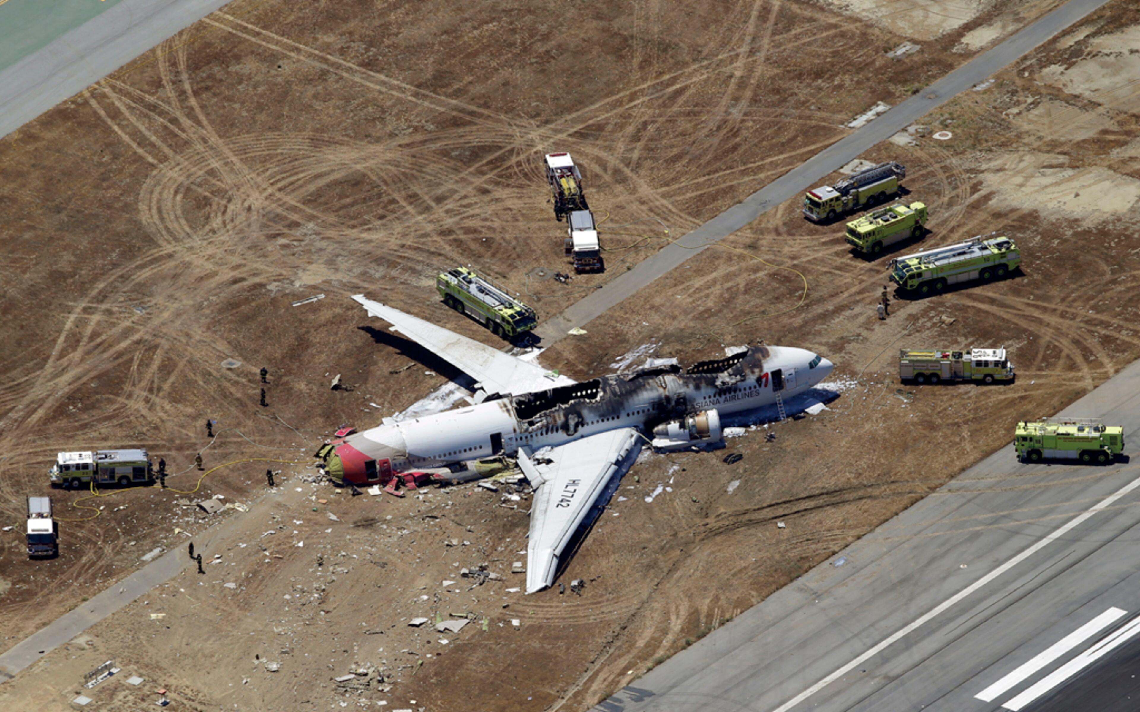 This aerial photo shows the wreckage of the Asiana Flight 214 airplane after it crashed at the San Francisco International Airport in San Francisco, Saturday, July 6, 2013. (AP Photo/Marcio Jose Sanchez)