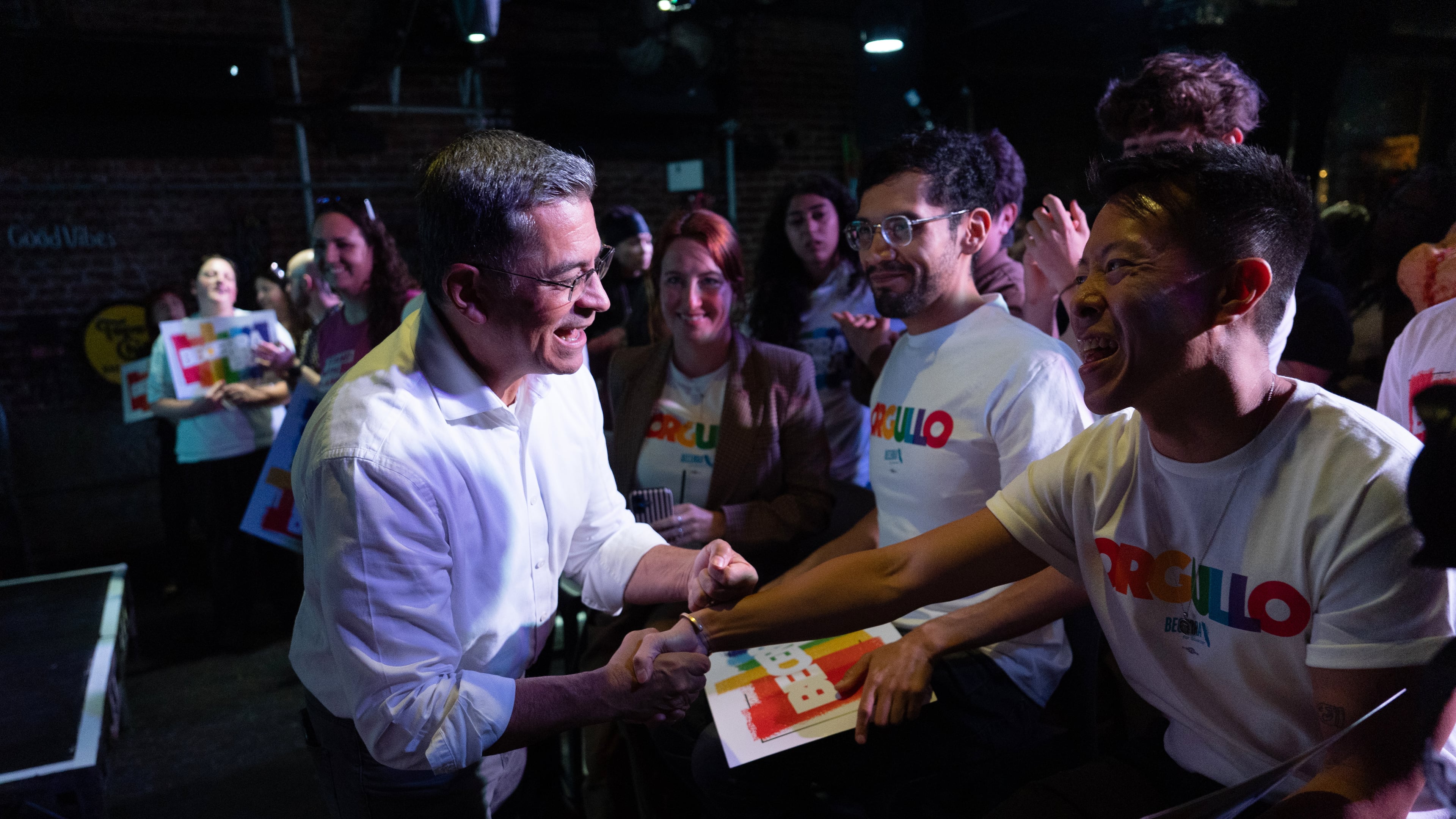 California gubernatorial candidate Xavier Becerra shakes hands with supporters during a campaign event in West Hollywood, Calif., Thursday, May 28, 2026. (AP Photo/Jae C. Hong)