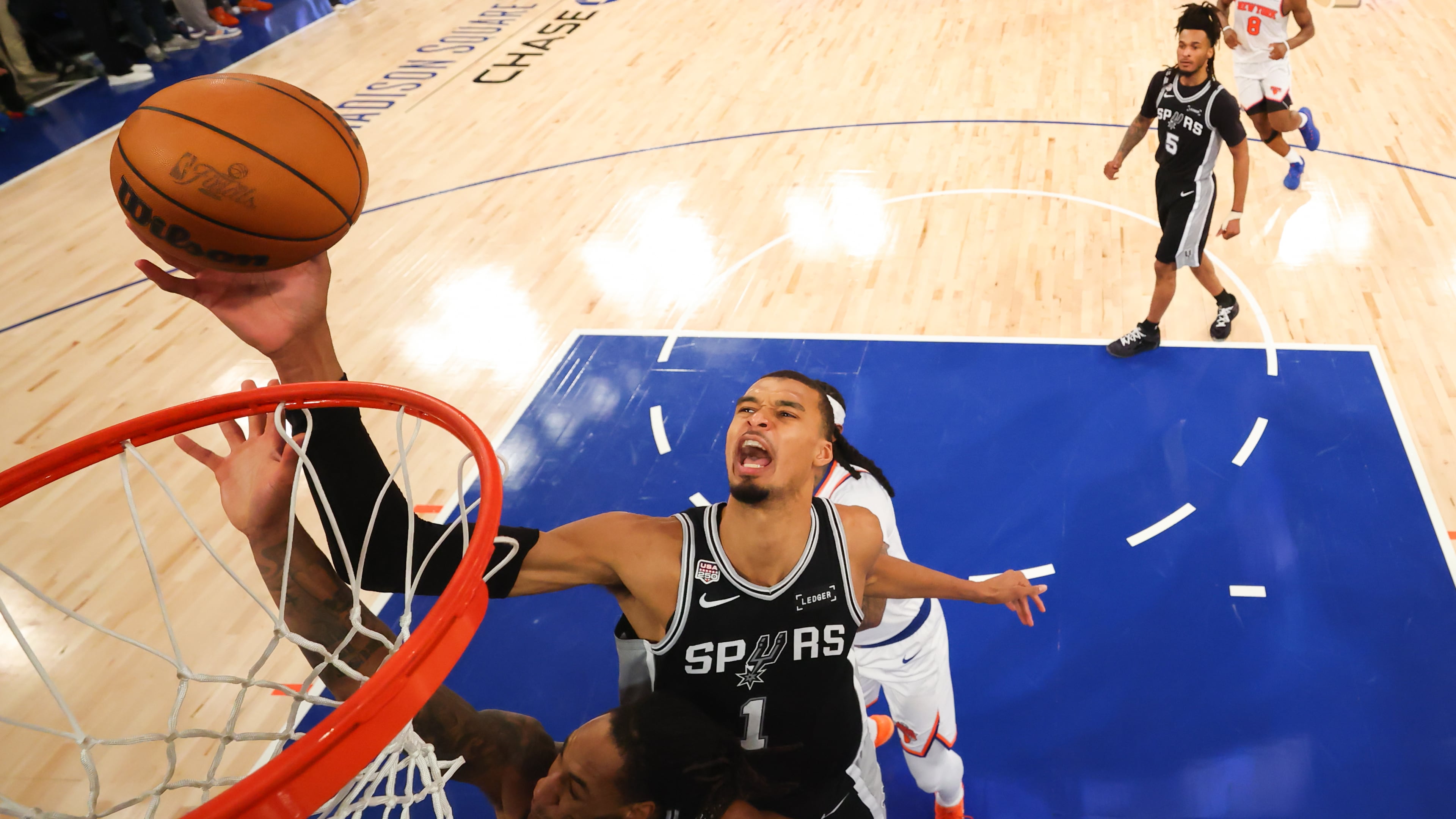 San Antonio Spurs forward Victor Wembanyama (1) shoots against the New York Knicks during the second half of Game 4 of the NBA Finals basketball series, Monday, June 8, 2026, in New York. (Al Bello/Pool Photo via AP)