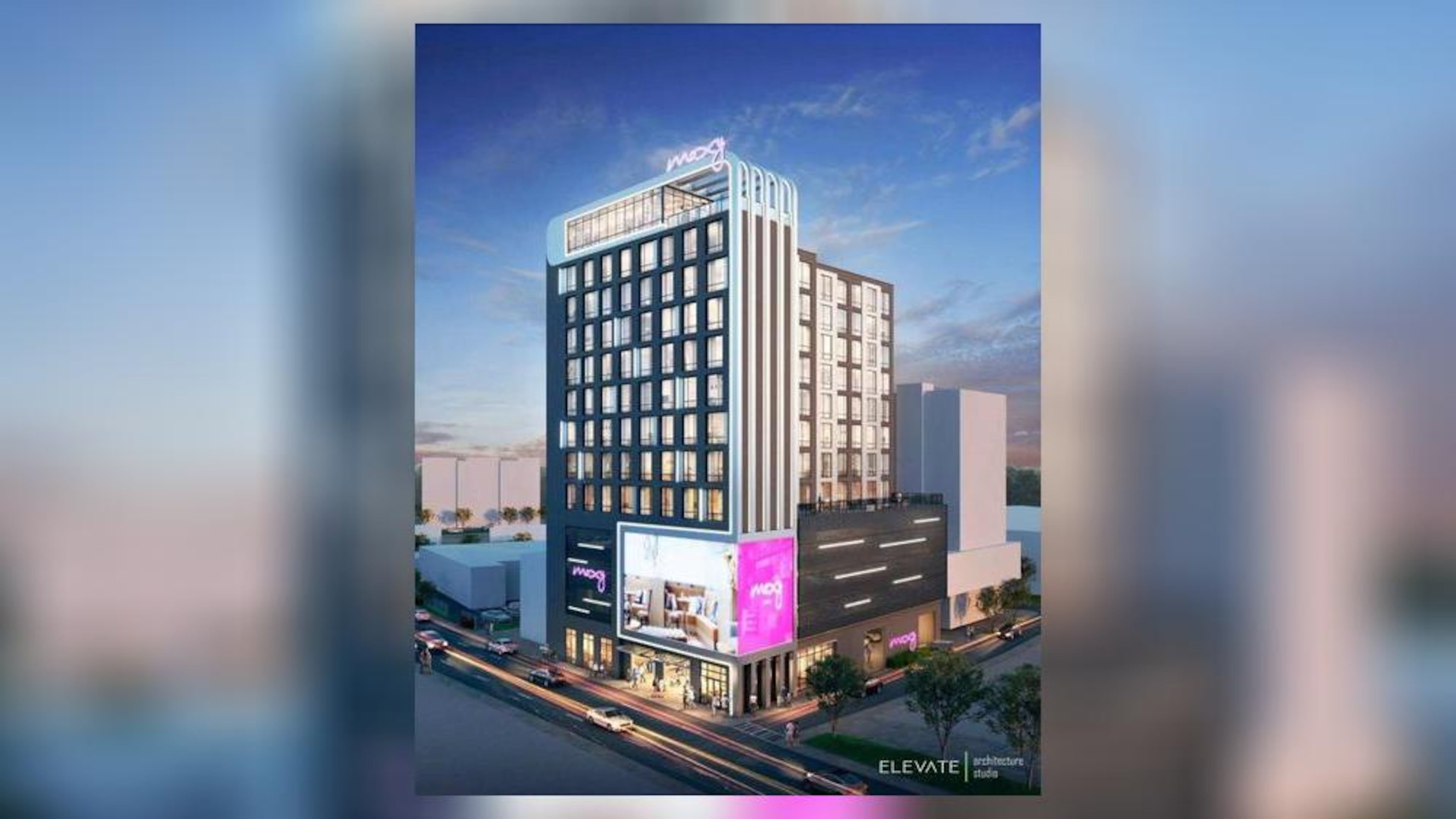 This is a rendering of a proposed Moxy by Marriott Downtown Atlanta/Centennial Park hotel along Marietta Street.