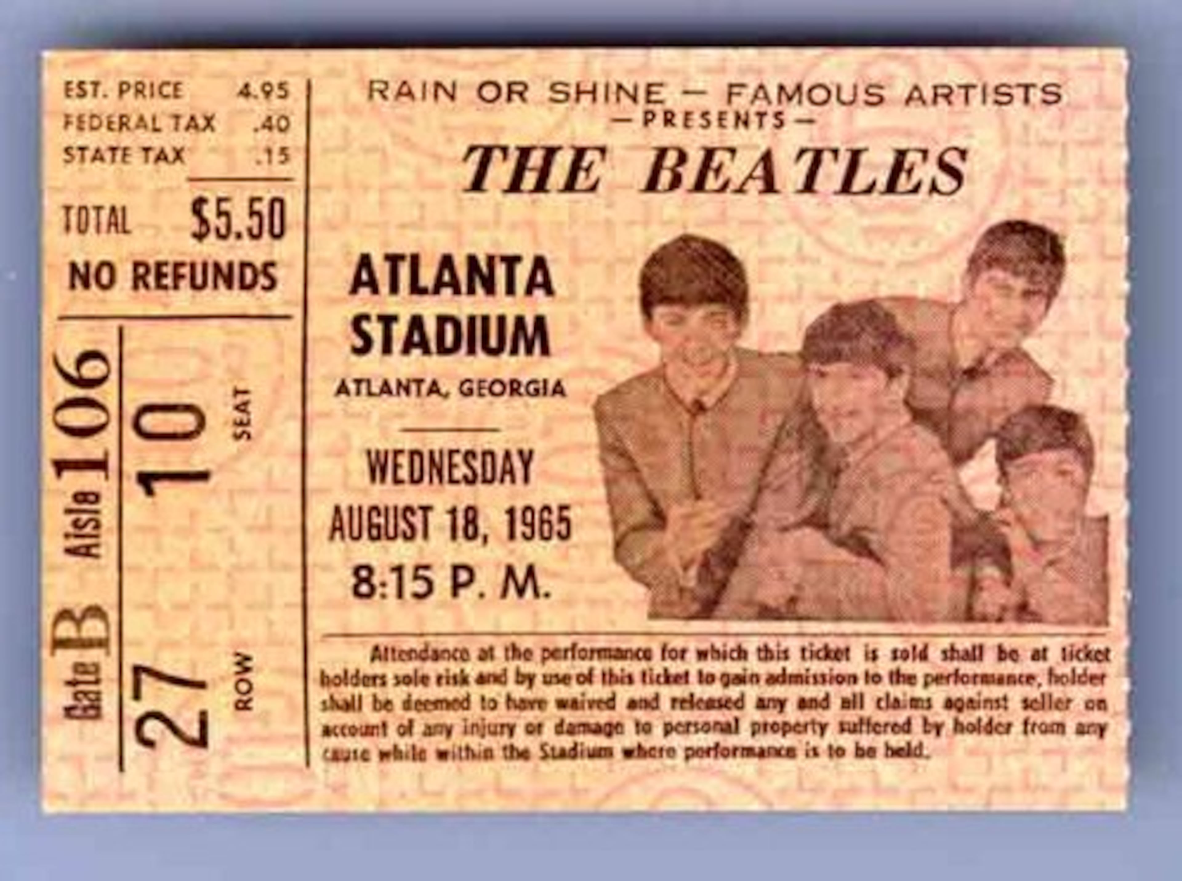 Ticket stub from The Beatles concert at Atlanta Fulton Co Stadium on Aug. 18, 1965.