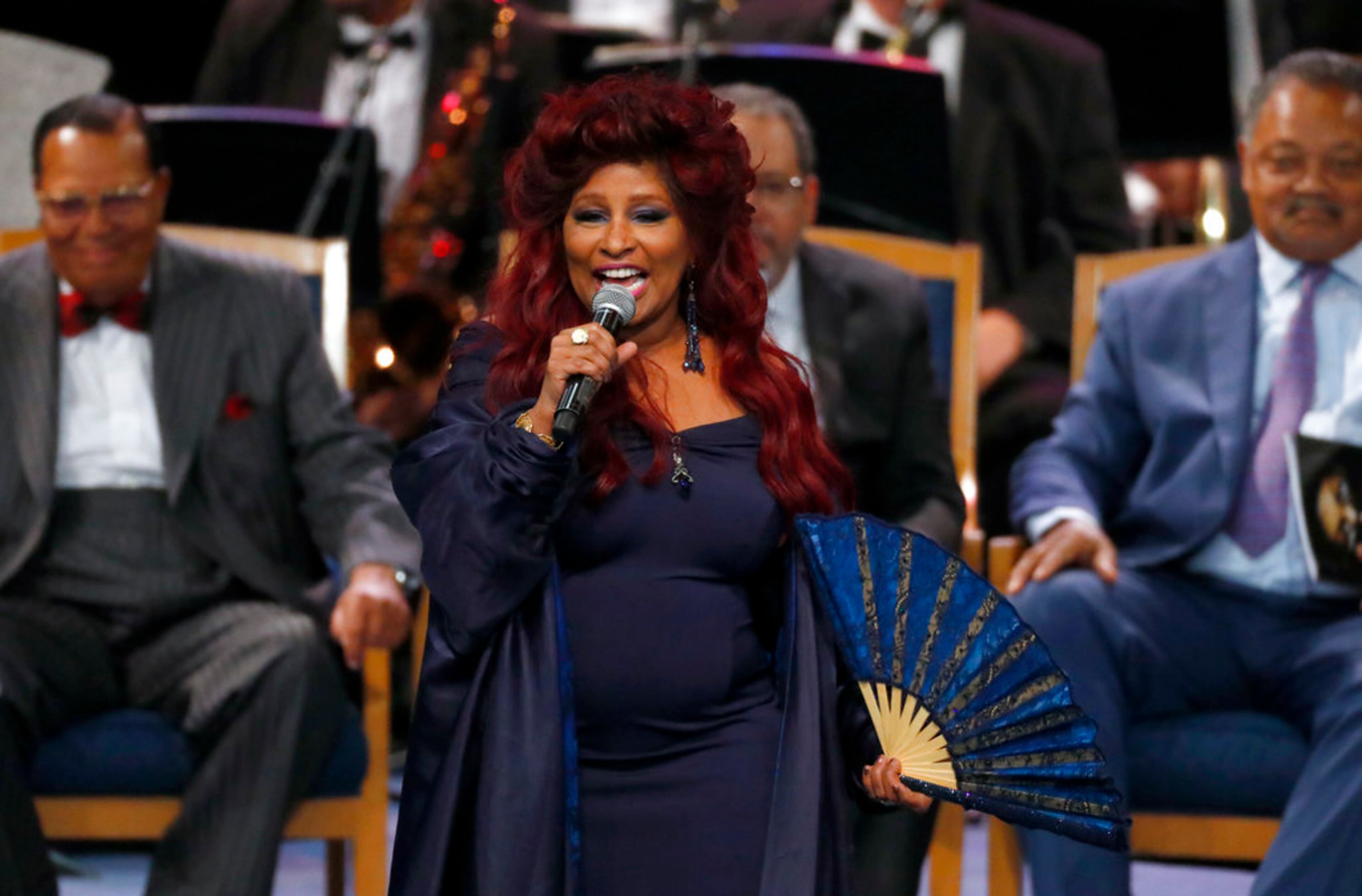 Chaka Khan performs during the funeral service for Aretha Franklin at Greater Grace Temple, Friday, Aug. 31, 2018, in Detroit. Franklin died Aug. 16, 2018 of pancreatic cancer at the age of 76. (AP Photo/Paul Sancya)