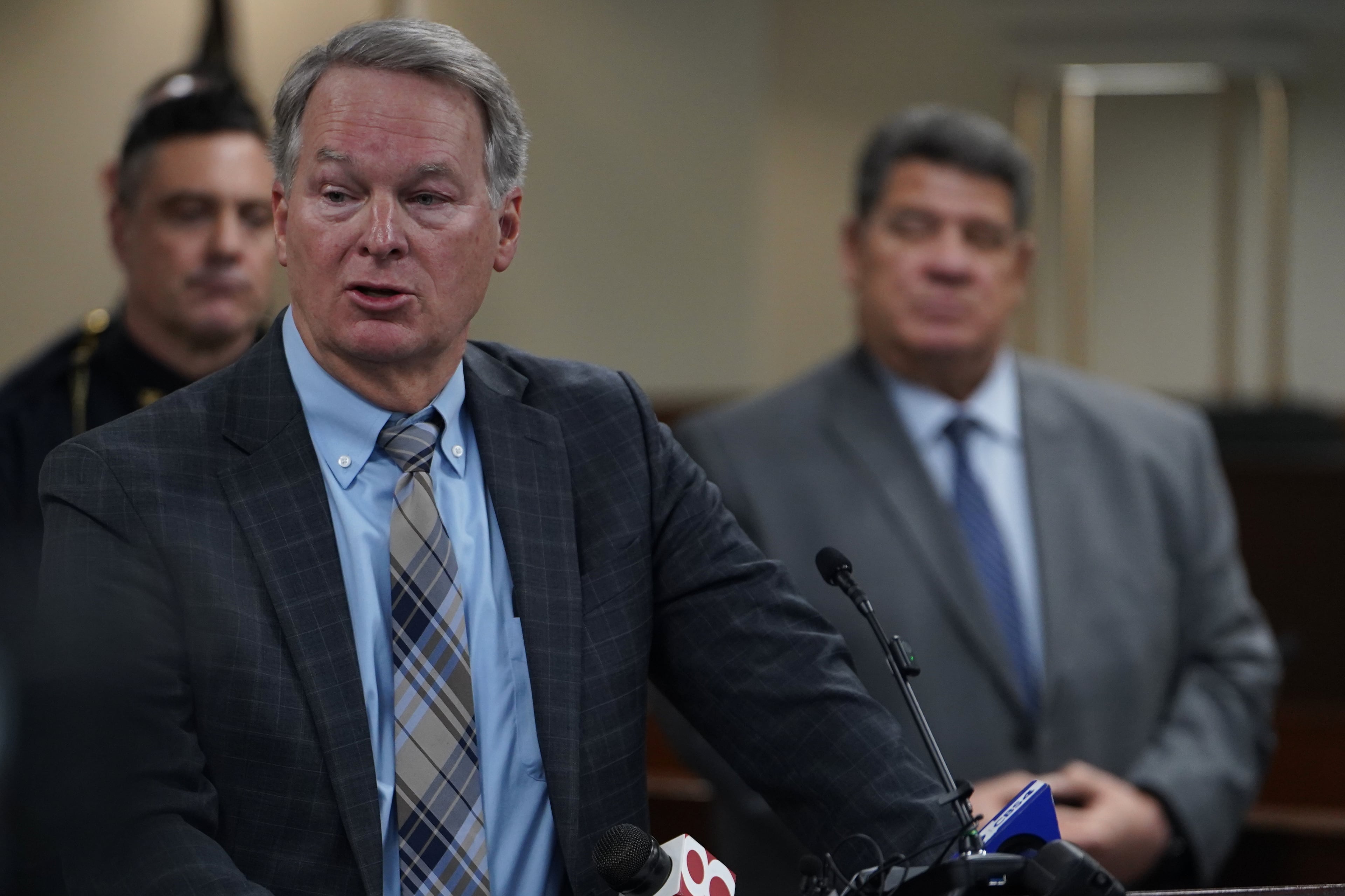 Prosecutor Pat Harrington spoke at a January news briefing about multiple arrests in connection with the shooting of Tippecanoe County Judge Steven Meyer and his wife at their home in Lafayette, Ind. (Obed Lamy/AP)
