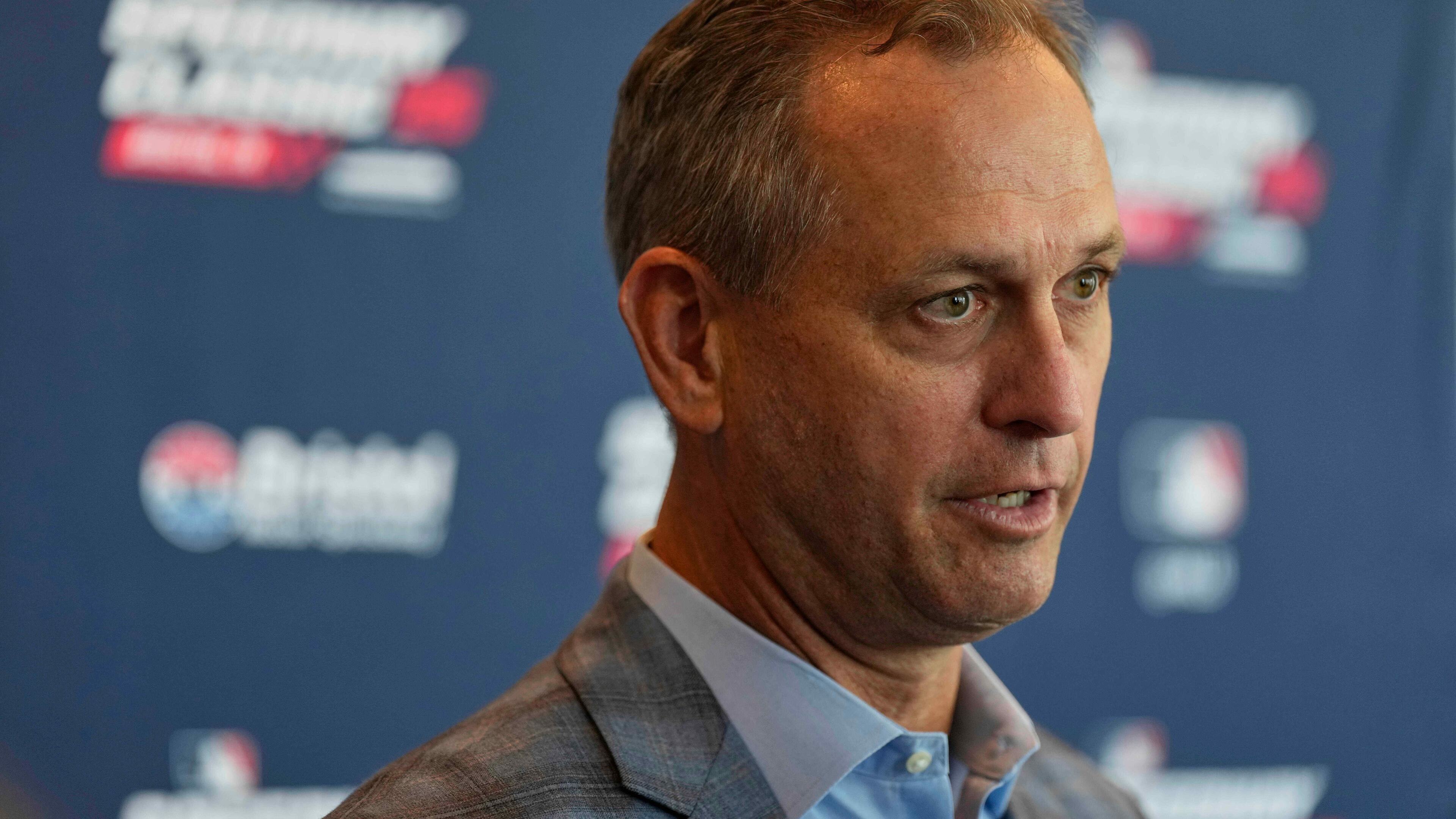 FILE - Derek Schiller, president and CEO of the Atlanta Braves, speaks during a news conference about the Speedway Classic baseball game, Tuesday, April 22, 2025, in Nashville, Tenn. (AP Photo/George Walker IV, File)