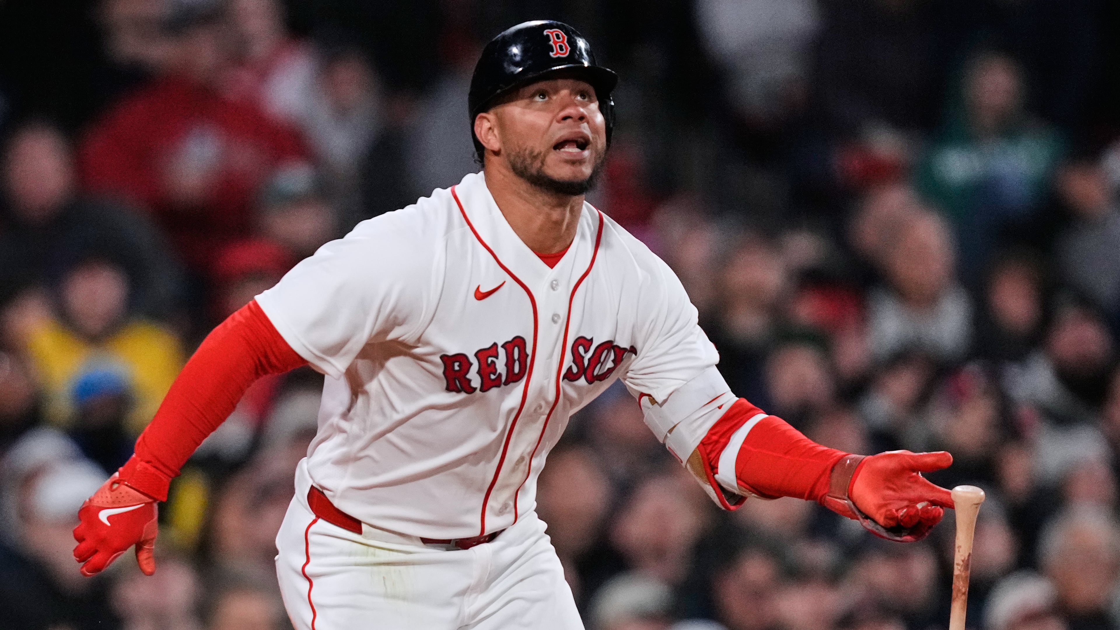 Boston Red Sox's Willson Contreras watches the flight of his RBI double during the fourth inning of a baseball game against the Milwaukee Brewers at Fenway Park, Monday, April 6, 2026, in Boston. (AP Photo/Charles Krupa)