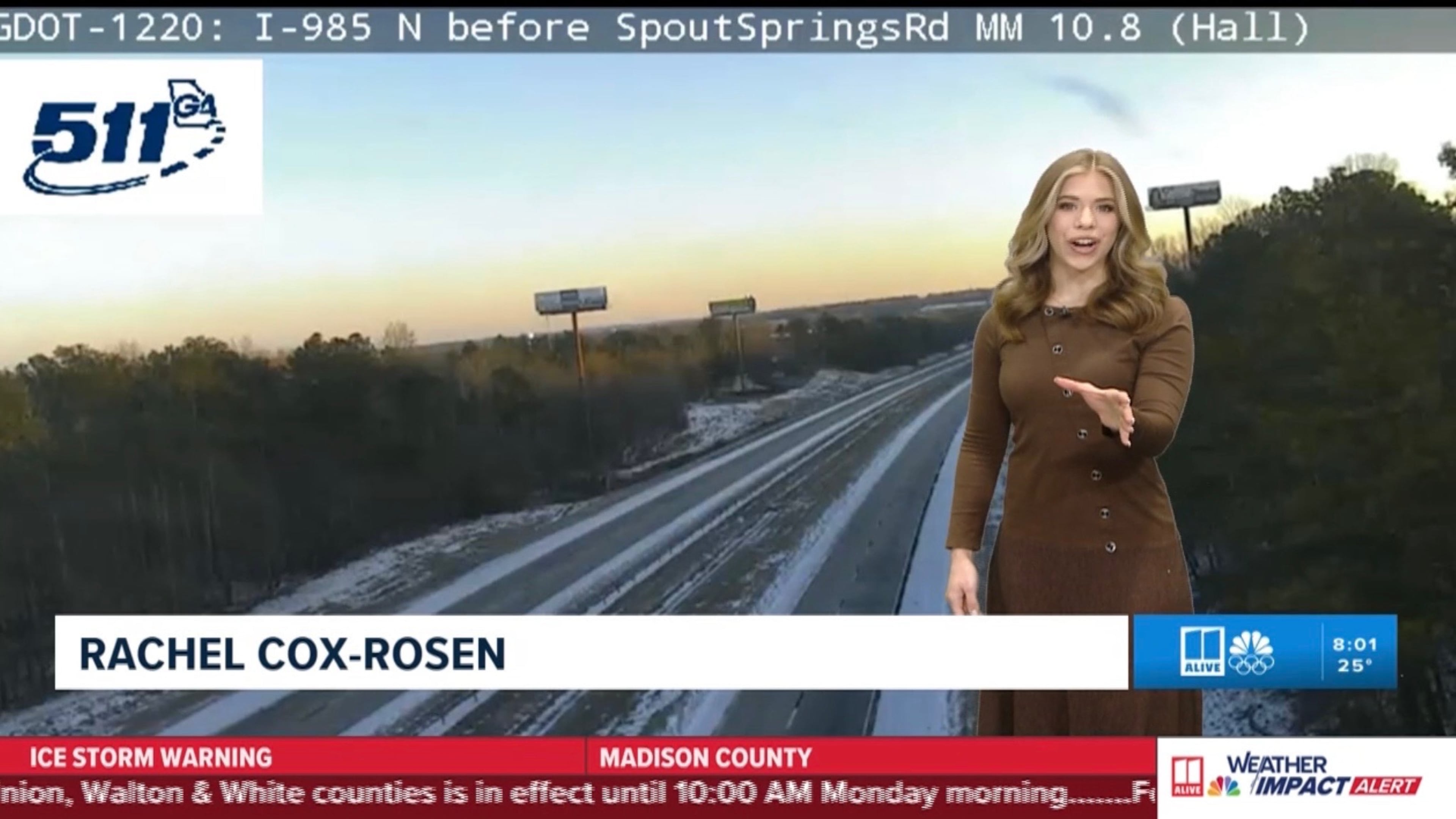 11Alive traffic co-anchor Rachel Cox-Rosen delivers a traffic report during her first winter storm in Atlanta on Sunday, Jan. 25, 2026. (Courtesy of 11Alive)