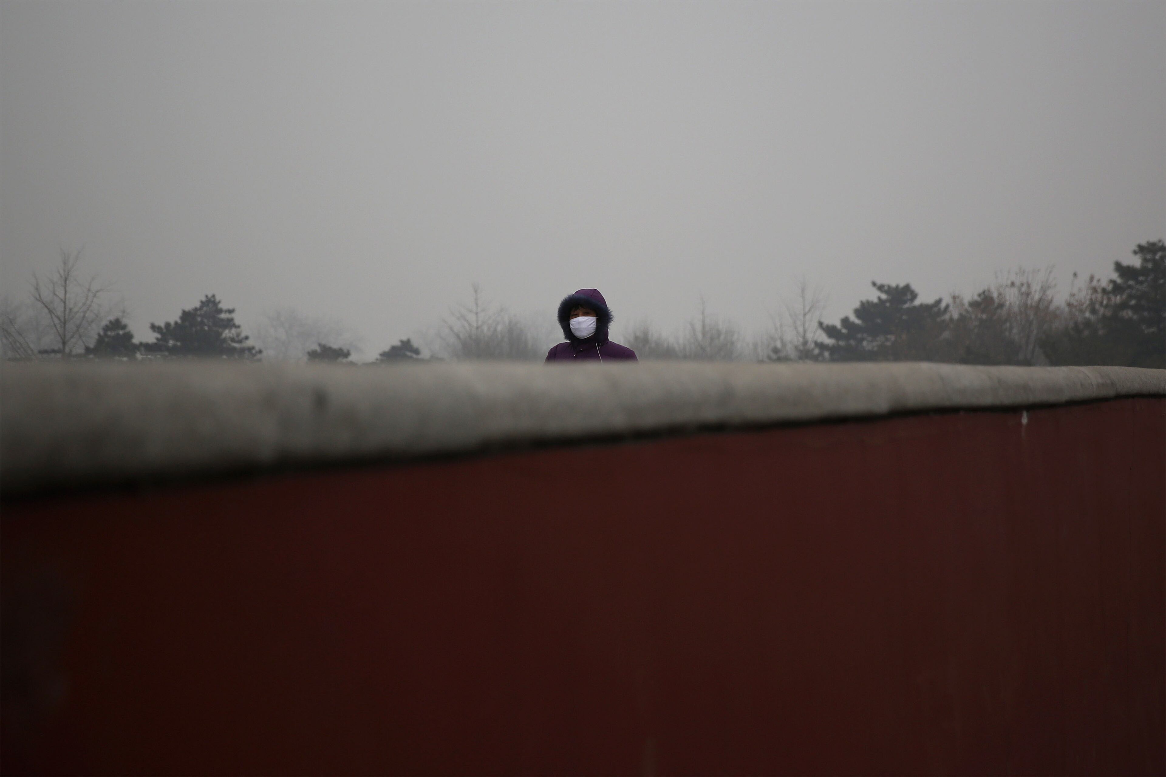 A Chinese woman wears a mask outside National Grand Theater during dangerous levels of air pollution on February 26, 2014 in Beijing, China. The air pollution has caused an increase in the number of people seeking hospital treatment for respiratory problems and the public are asked to avoid outdoor activities. A strong cold front is expected to arrive on Thursday and disperse the smog.