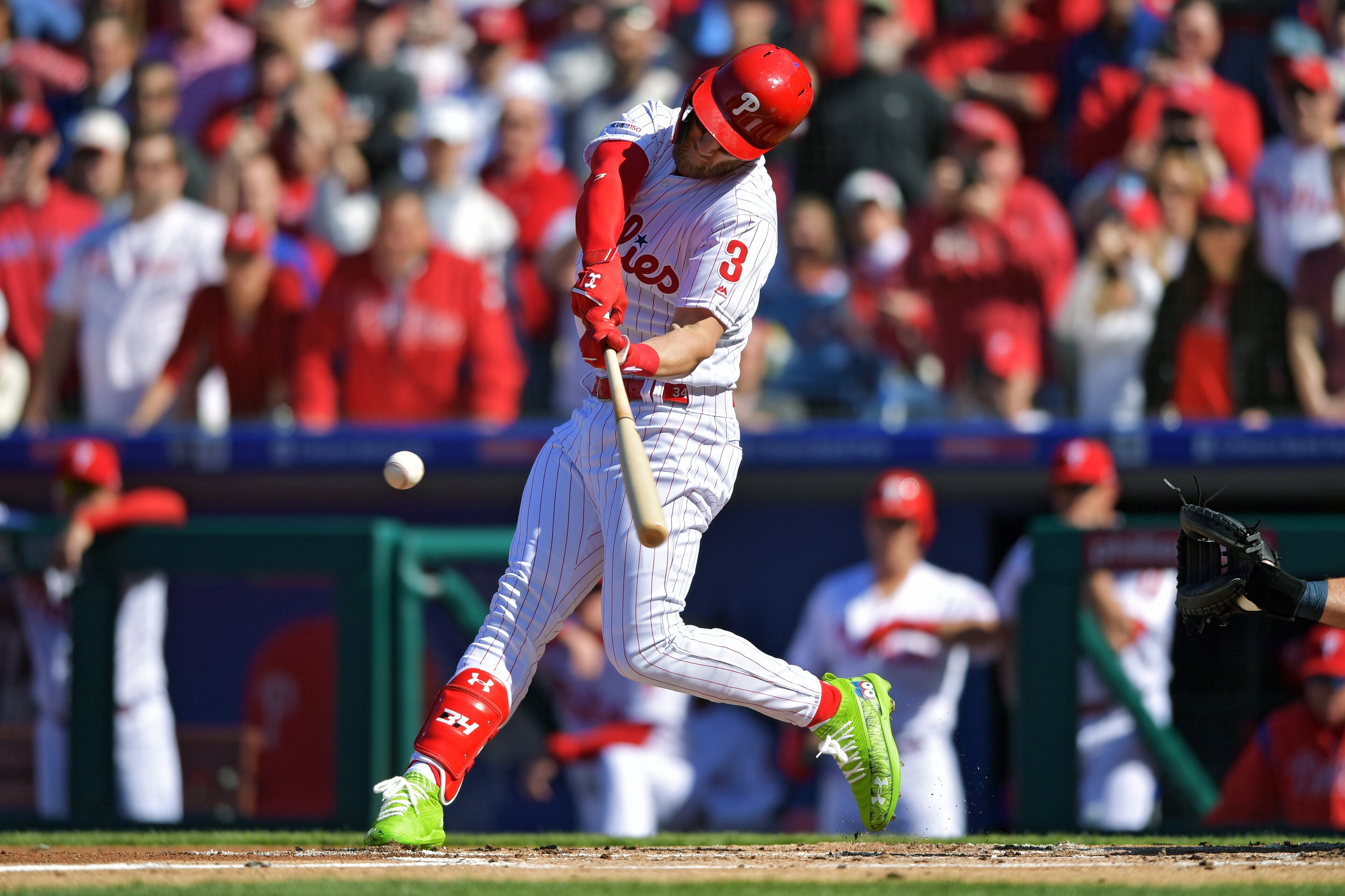 PHILADELPHIA, PA - MARCH 28: Bryce Harper #3 of the Philadelphia Phillies grounds out in his first at bat in the first inning against the against the Atlanta Braves on Opening Day at Citizens Bank Park on March 28, 2019 in Philadelphia, Pennsylvania. (Photo by Drew Hallowell/Getty Images)
