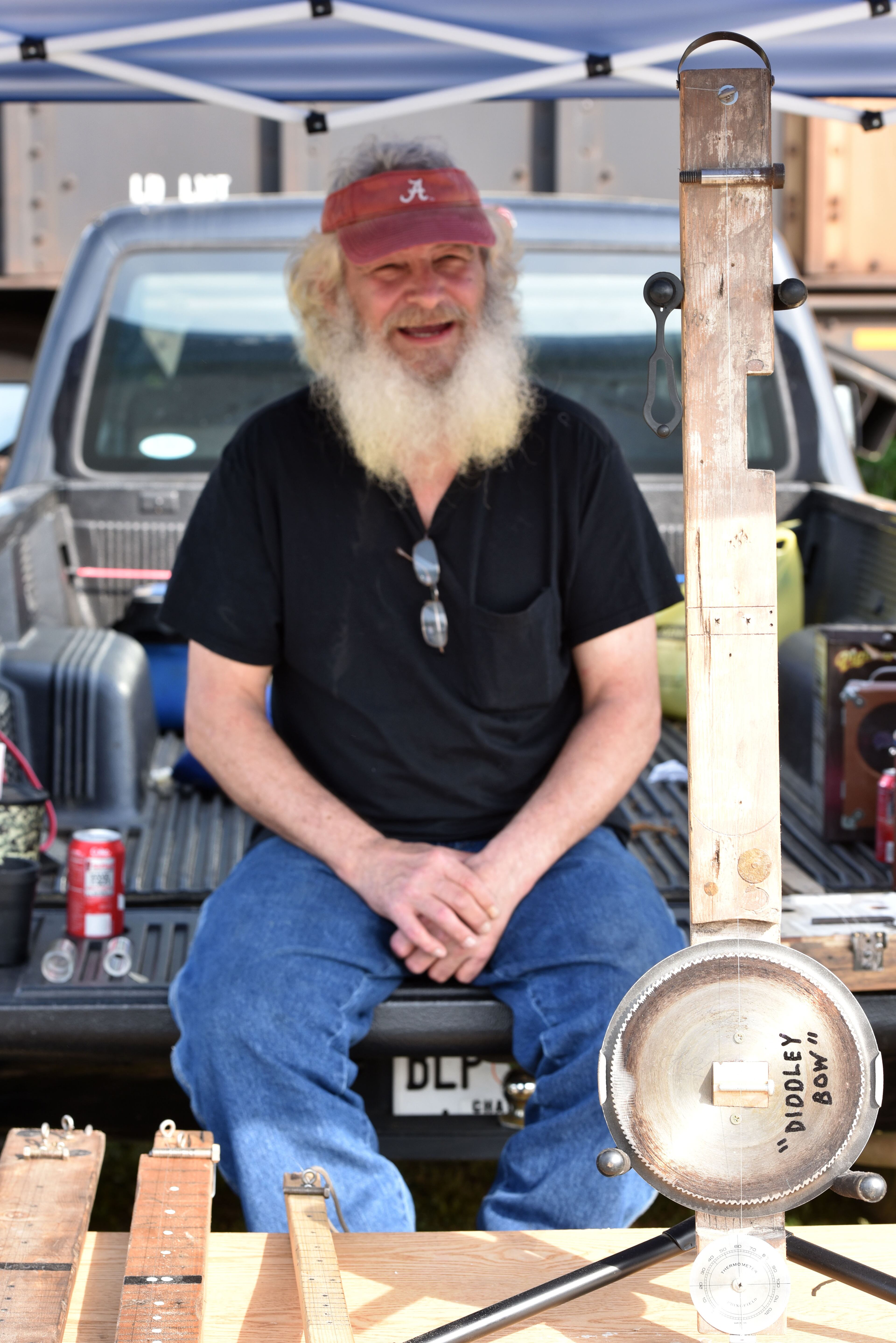 May 9, 2015 Summerville - Instrument maker Robert Smith of Fort Payne, Ala. smiles at his booth at Trade Days in Summerville on Saturday, May 9, 2015. In advance of Finster Fest, May 30-31 in the northwest Georgia town of Summerville. Georgia's most famed folk artist, Finster was known as a great American eccentric, and plenty of eccentric places survive him in this gritty corner of the state. HYOSUB SHIN / HSHIN@AJC.COM