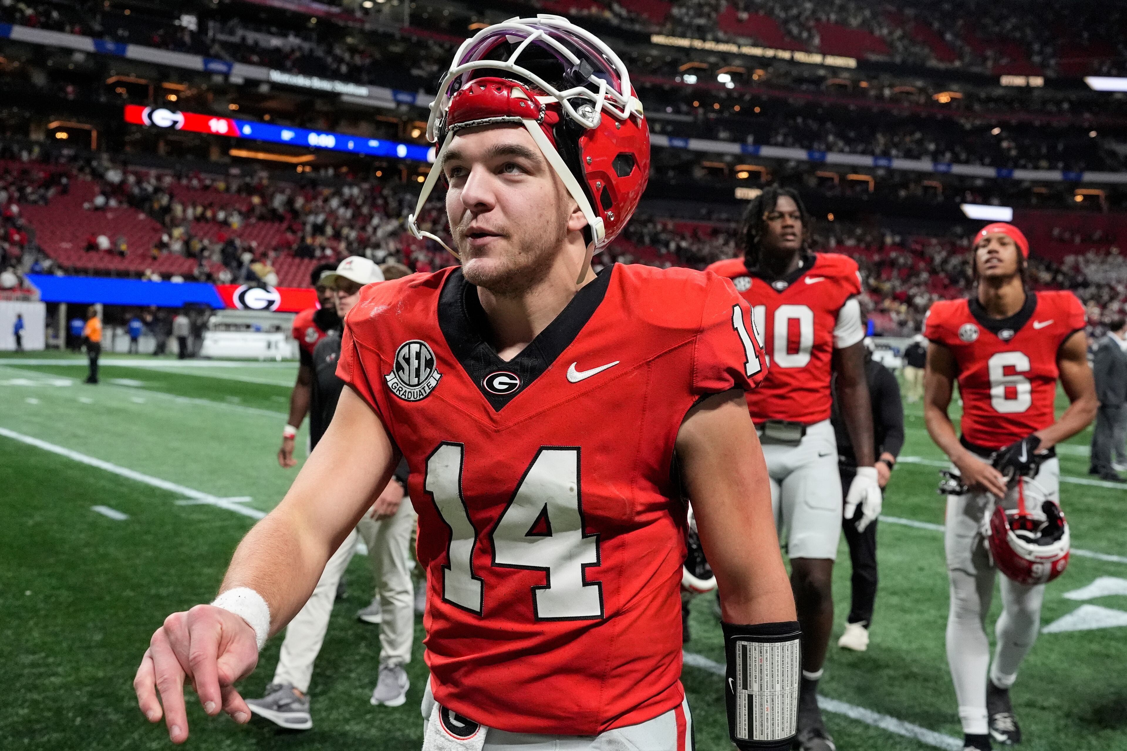 The 2026 season is slated to be Ginner Stockton’s final season of collegiate eligibility. In all likelihood, Stockton is expected to be back in Athens as Georgia’s starting quarterback next season. (Mike Stewart/AP)