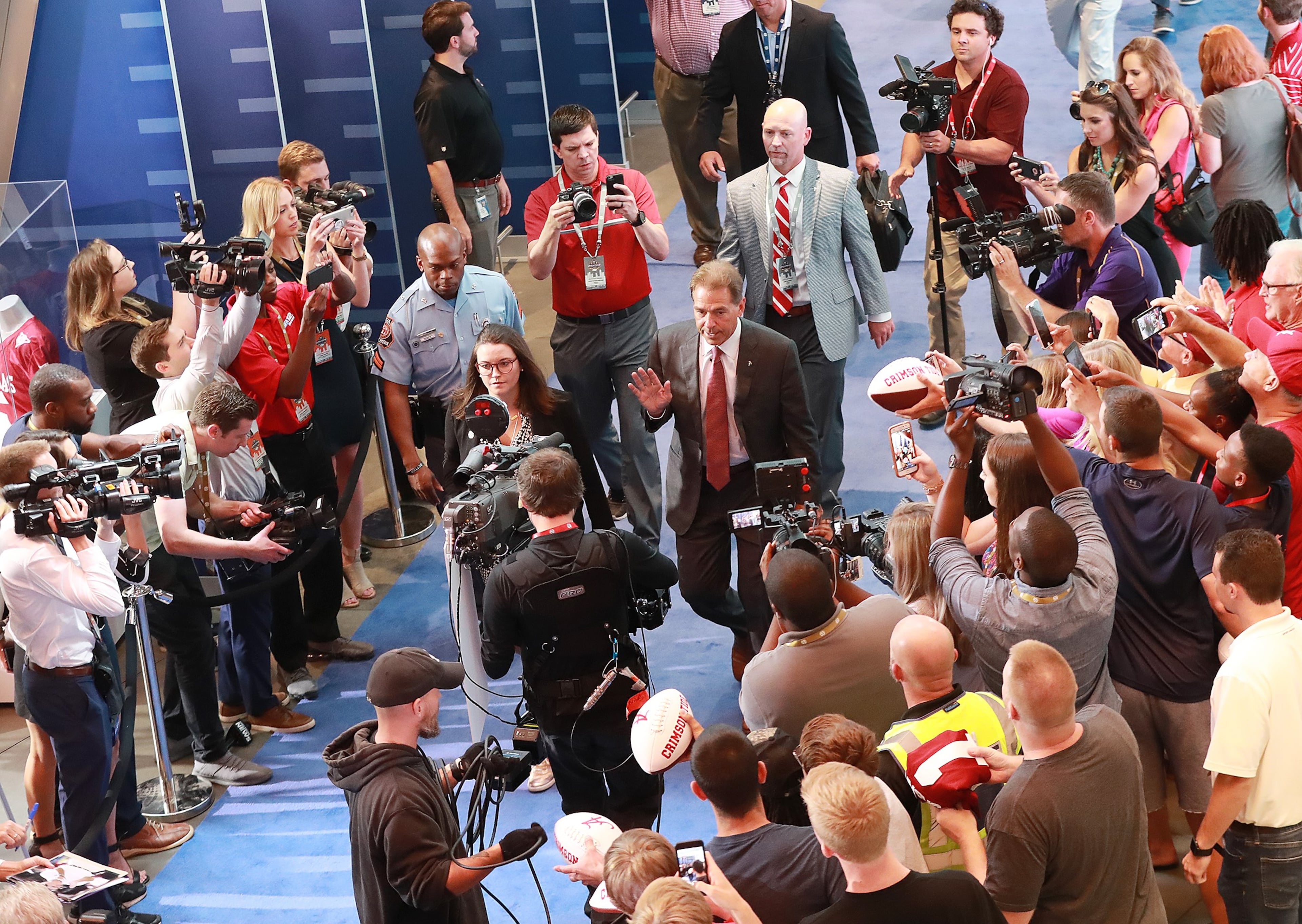 July 18, 2018 Atlanta: Alabama head coach Nick Saban arrives for his SEC Media Days press conference at the College Football Hall of Fame on Wednesday, July 18, 2018, in Atlanta. Curtis Compton/ccompton@ajc.com