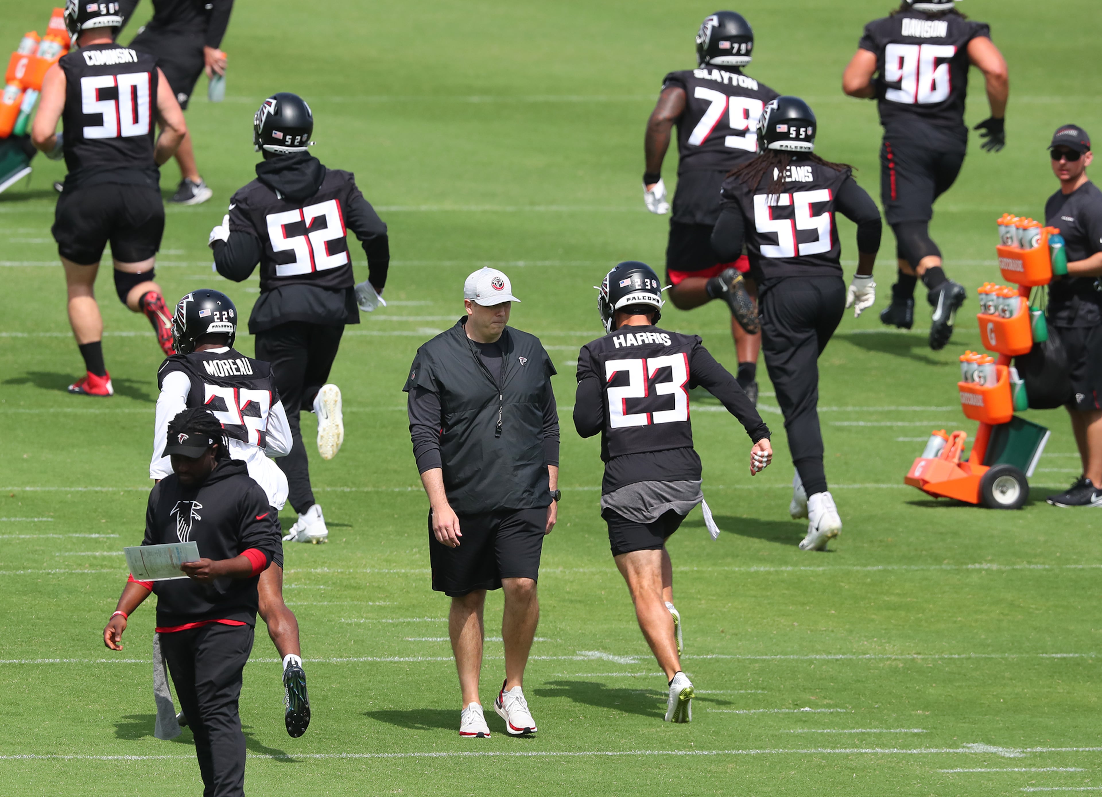Falcons head coach Arthur Smith works with the defense during team practice at minicamp Wednesday, June 10, 2021, in Flowery Branch. (Curtis Compton / Curtis.Compton@ajc.com)