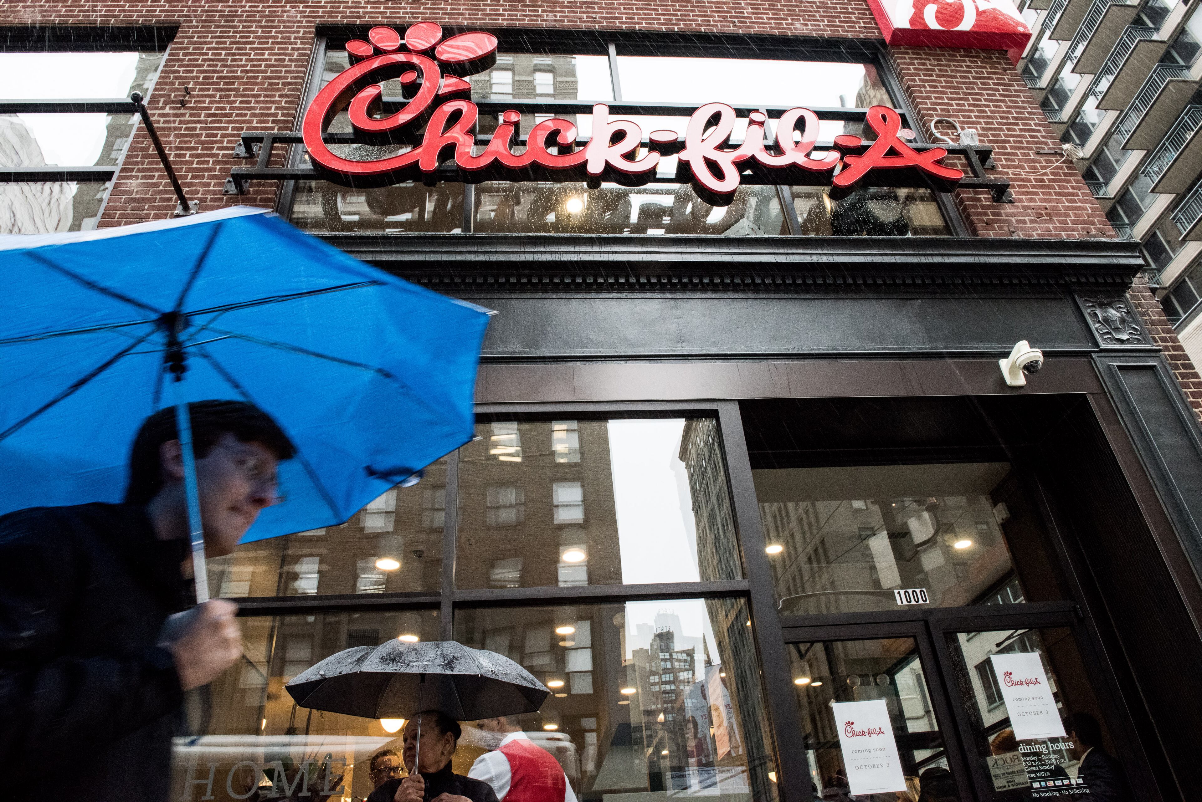 NEW YORK, NY - OCTOBER 2: The exterior of Chick-Fil-A, a day before its opening, on 37th Street and 6th Avenue, on October 2, 2015 in New York City.. The fast food chicken restaurant is set to open its first store in Manhattan. (Photo by Andrew Renneisen/Getty Images)