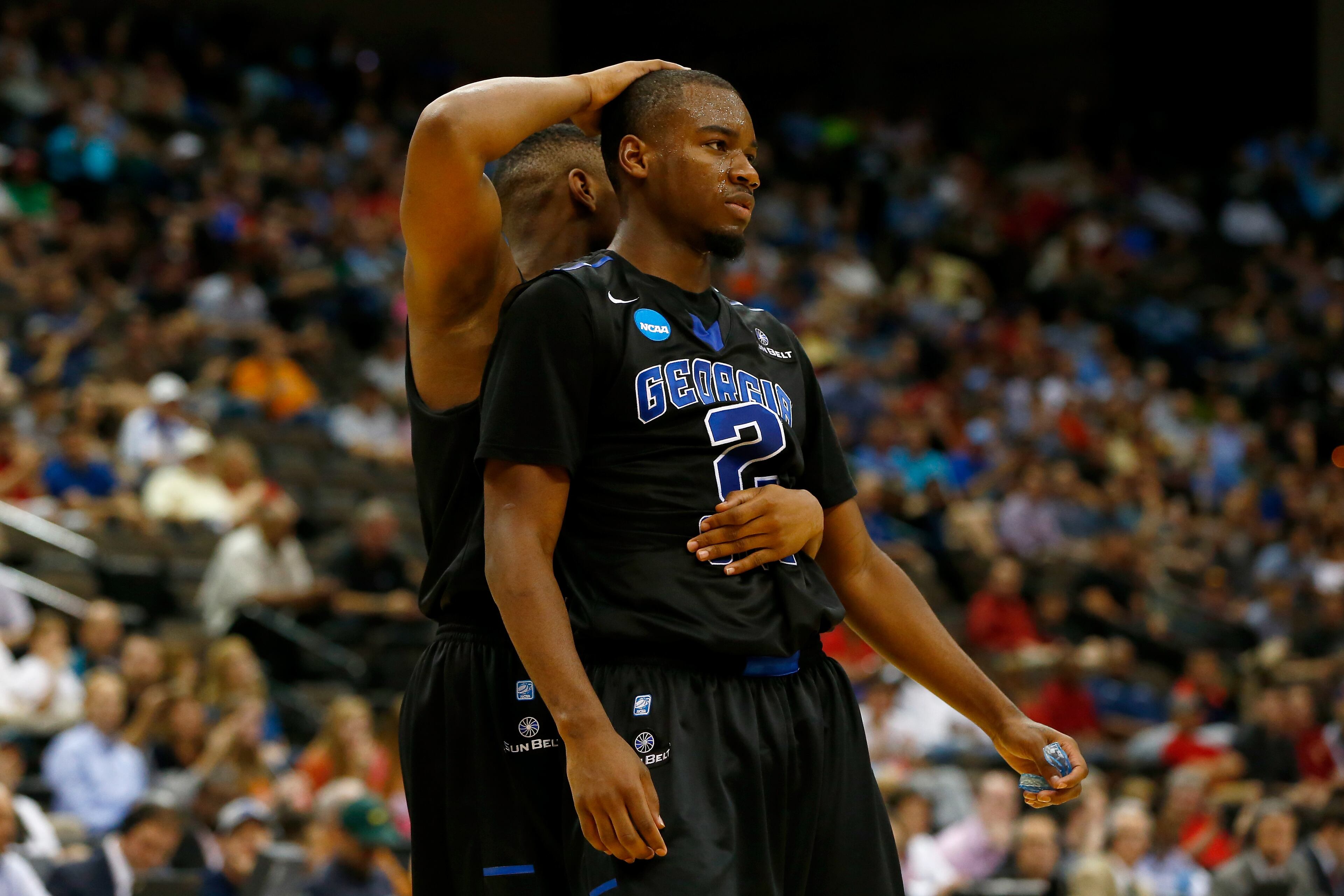 Ryann Green #2 celebrates with Isaiah Dennis #4 of the Georgia State Panthers after a turnover in the second half against the Baylor Bears during the second round of the 2015 NCAA Men's Basketball Tournament at Jacksonville Veterans Memorial Arena on March 19, 2015 in Jacksonville, Florida. (Photo by Kevin C. Cox/Getty Images)