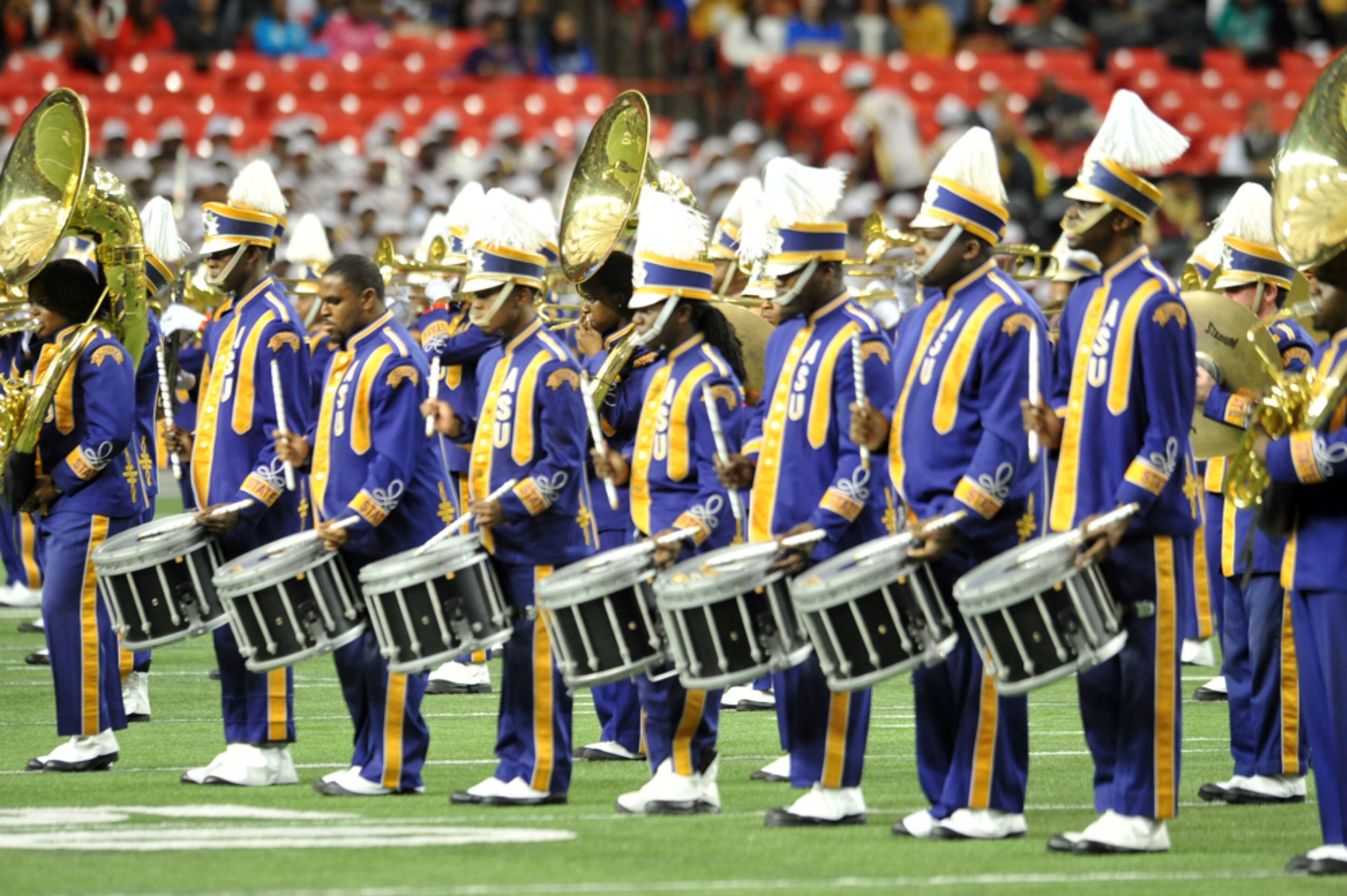 The Alcorn State University "Sounds of Dyn-O-Mite" band performs.