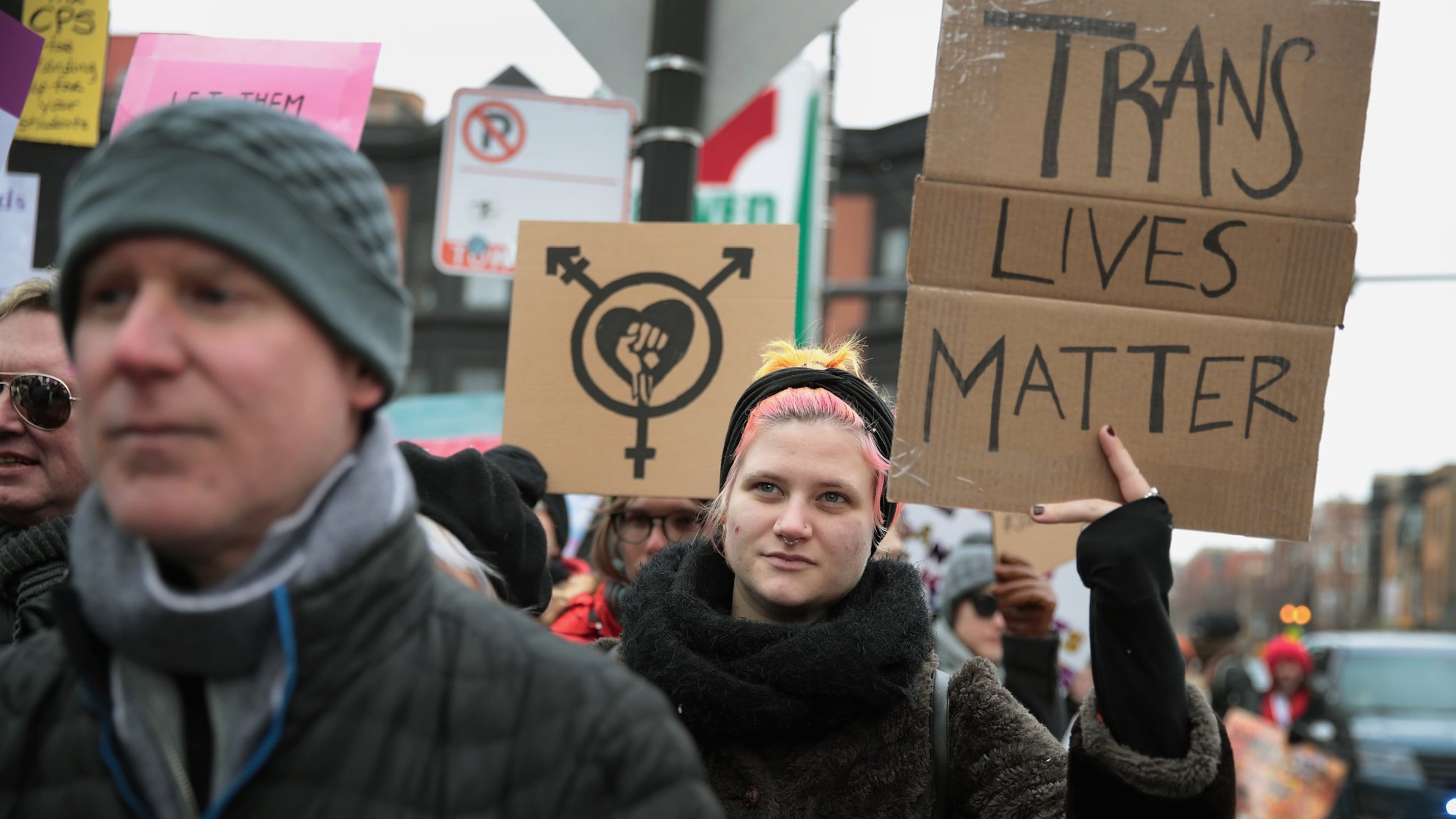 Demonstrators protest for transgender rights on Feb. 25, 2017, in Chicago. The demonstrators were angry with President Donald Trump’s decision to reverse the Obama-era policy requiring public schools to allow transgender students to use the bathroom that corresponds with their gender identity. SCOTT OLSON/ GETTY IMAGES