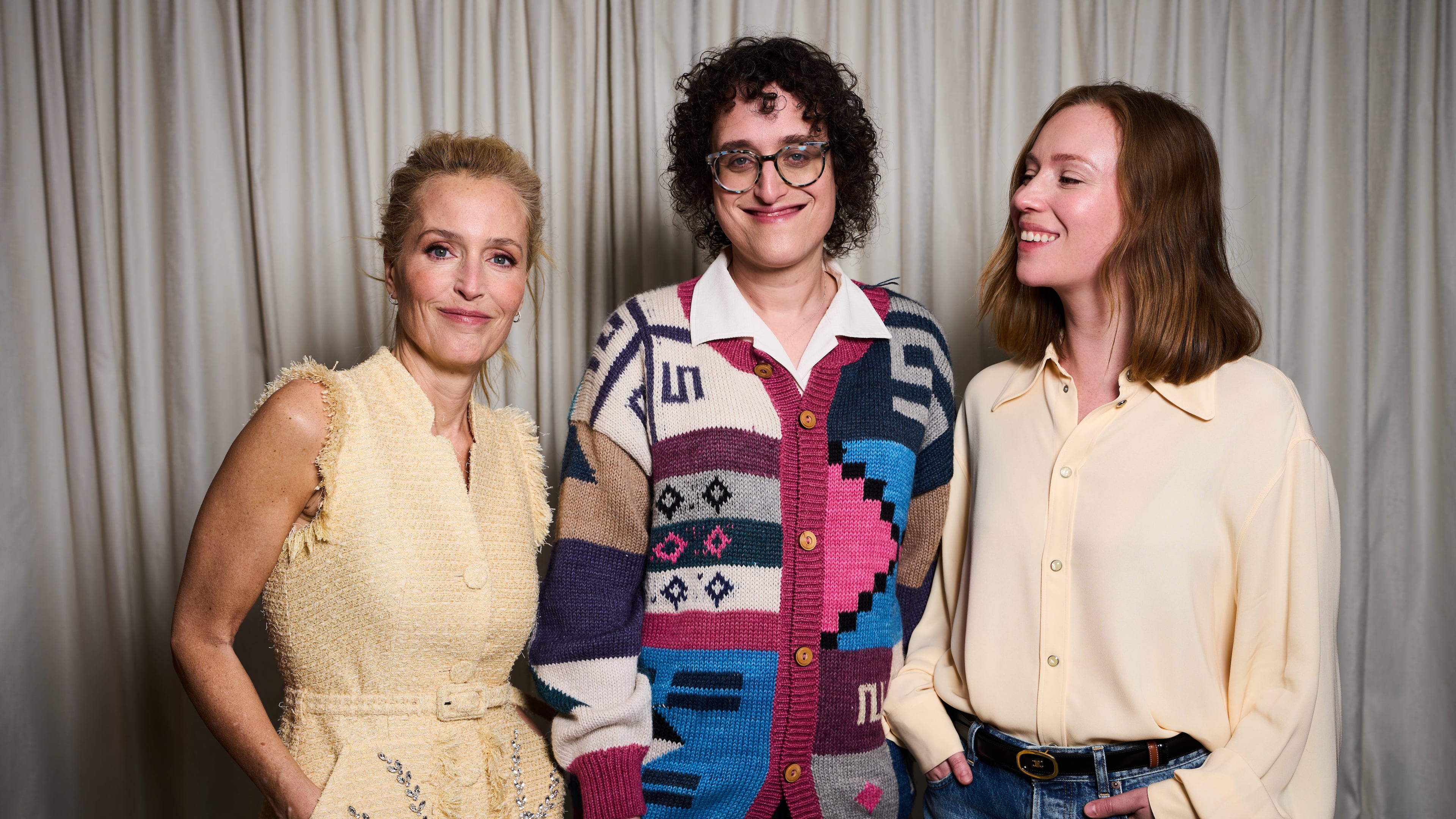 Gillian Anderson, from left, director Jane Schoenbrun, and Hannah Einbinder pose for portrait photographs for the film 'Teenage Sex and Death at Camp Miasma' during the 79th international film festival, Cannes, southern France, Tuesday, May 12, 2026. (Photo by Scott A Garfitt/Invision/AP)