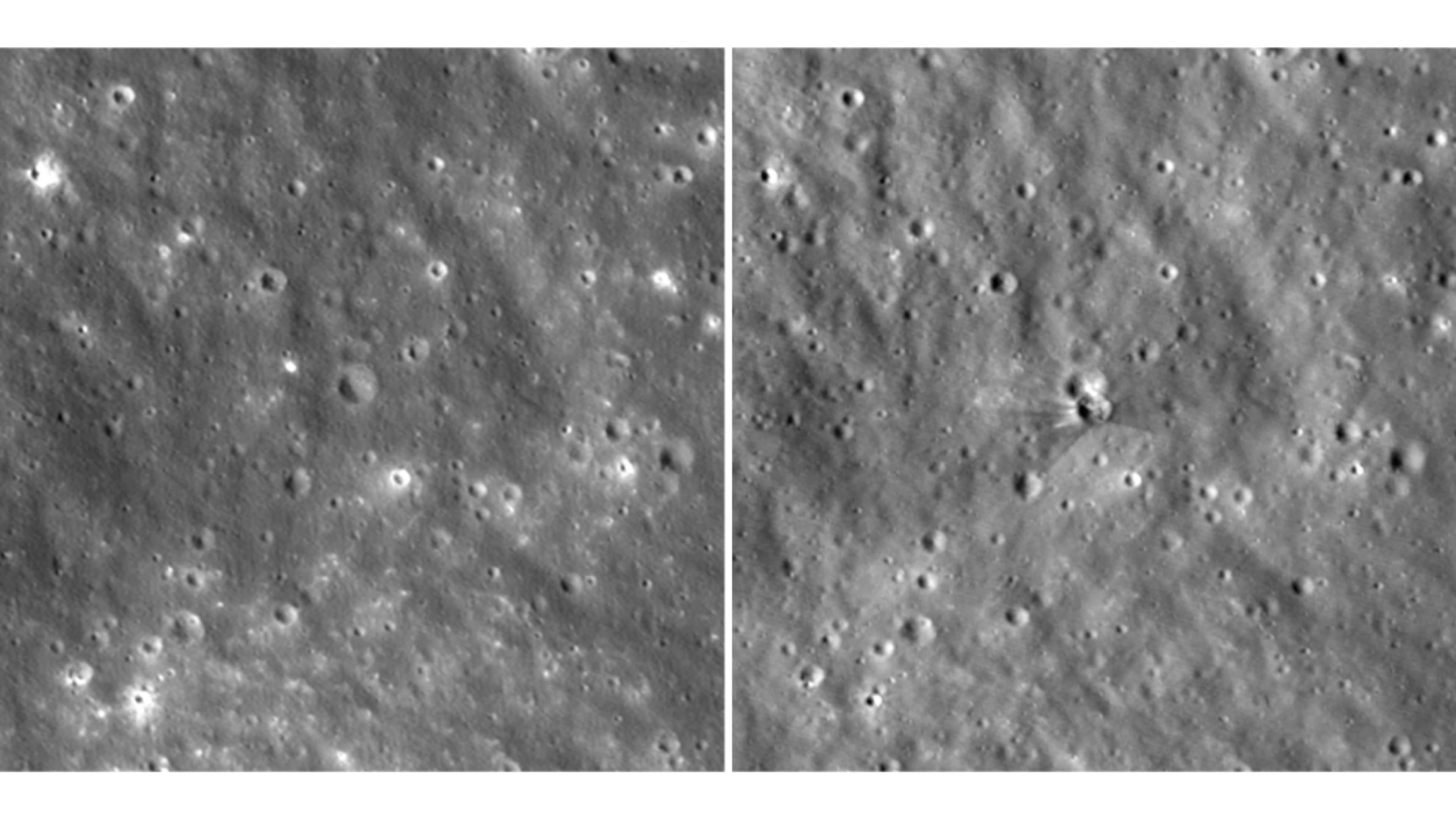 This combo made with photos provided by NASA on Tuesday, Aug. 18, 2026, taken by the Lunar Reconnaissance Orbiter, shows before, left, and after images of a fresh crater on the moon created by a collision with a SpaceX rocket. (NASA via AP)