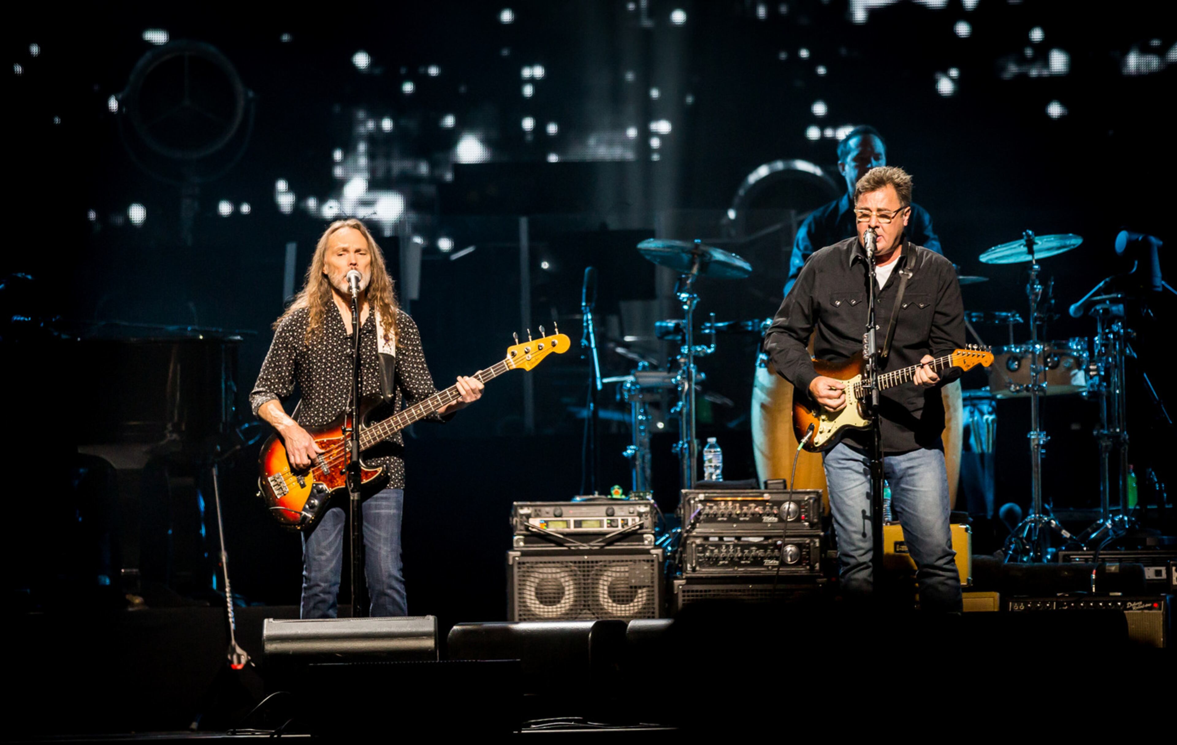 Timothy B. Schmit (left) and Vince Gill played classics from the Eagles beloved catalog for a packed Philips Arena on Oct. 20, 2017. It was the first of a two-night stand at the venue. Photo by Ryan Fleisher