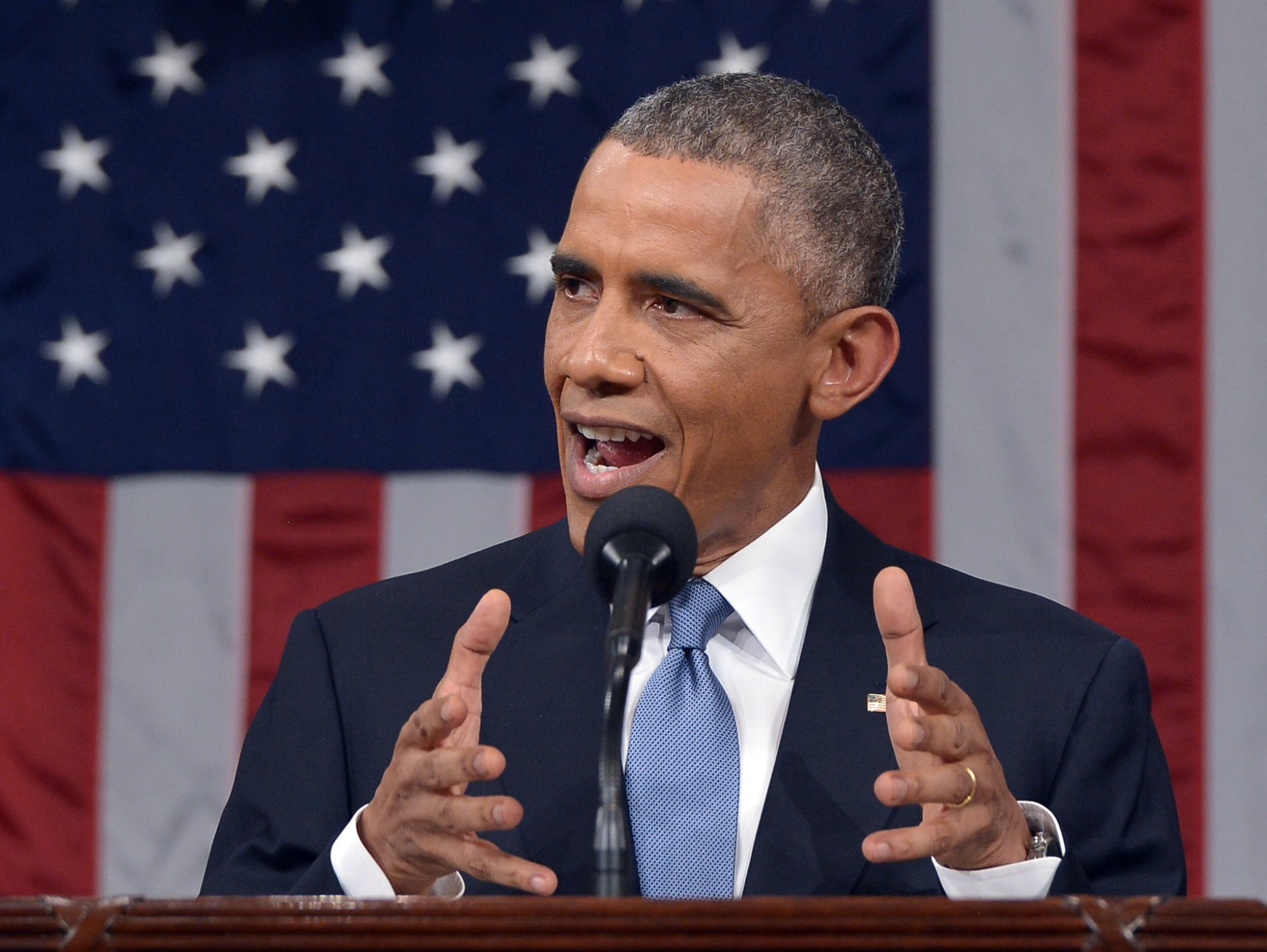 WASHINGTON, DC - JANUARY 20: U.S. President Barack Obama delivers the State of the Union address on January 20, 2015 in the House Chamber of the U.S. Capitol in Washington, DC. Obama was expected to lay out a broad agenda to address income inequality, making it easier for Americans to afford college education, and child care. (Photo by Mandel Ngan-Pool/Getty Images)