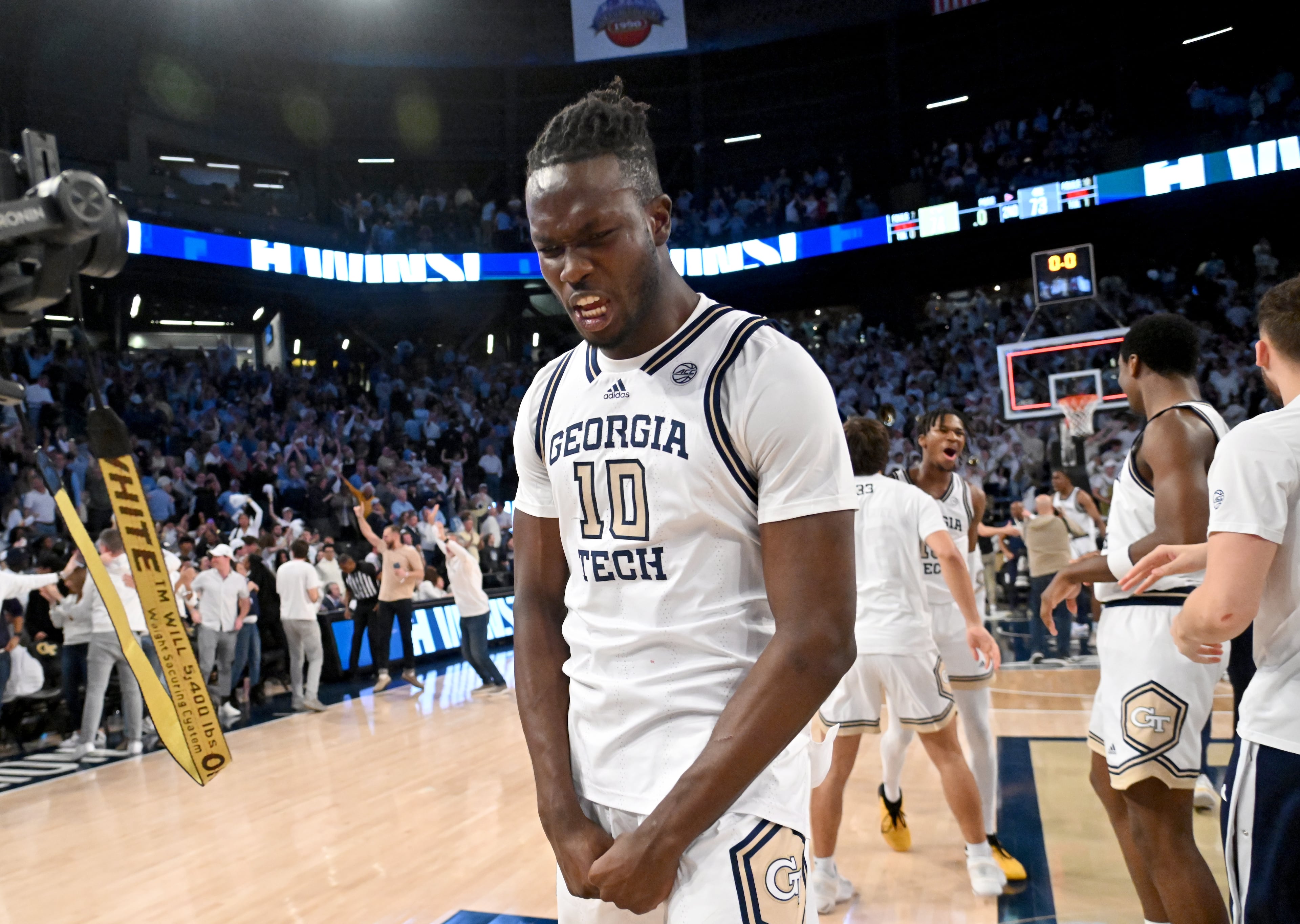 Georgia Tech forward Ebenezer Dowuona (10) celebrates the victory over North Carolina in an NCAA college basketball game at Georgia Tech’s McCamish Pavilion, Tuesday, January 30, 2024, in Atlanta. Georgia Tech won 74-73 over North Carolina. (Hyosub Shin / Hyosub.Shin@ajc.com)